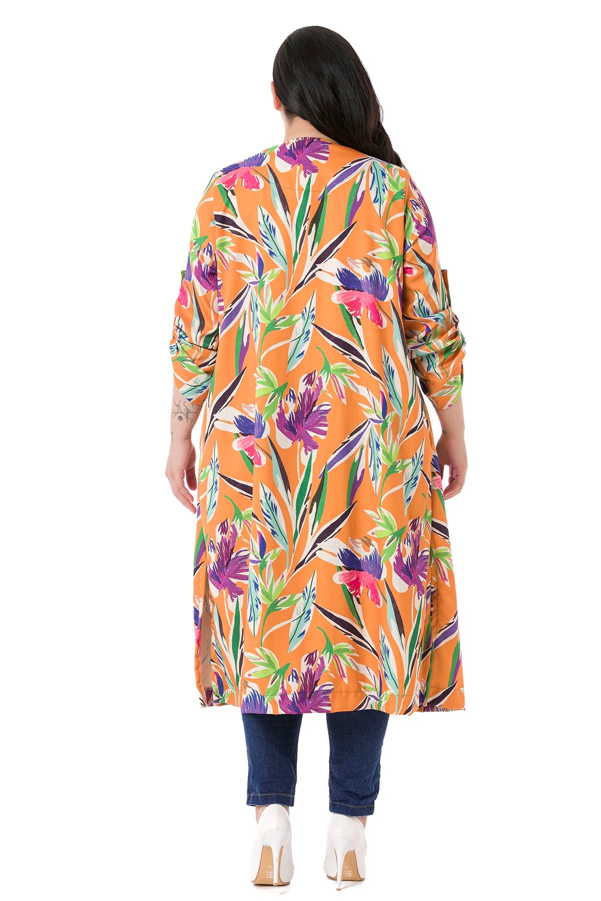 Plus Size Round Neck Orange Jacket with Slits on the Sides