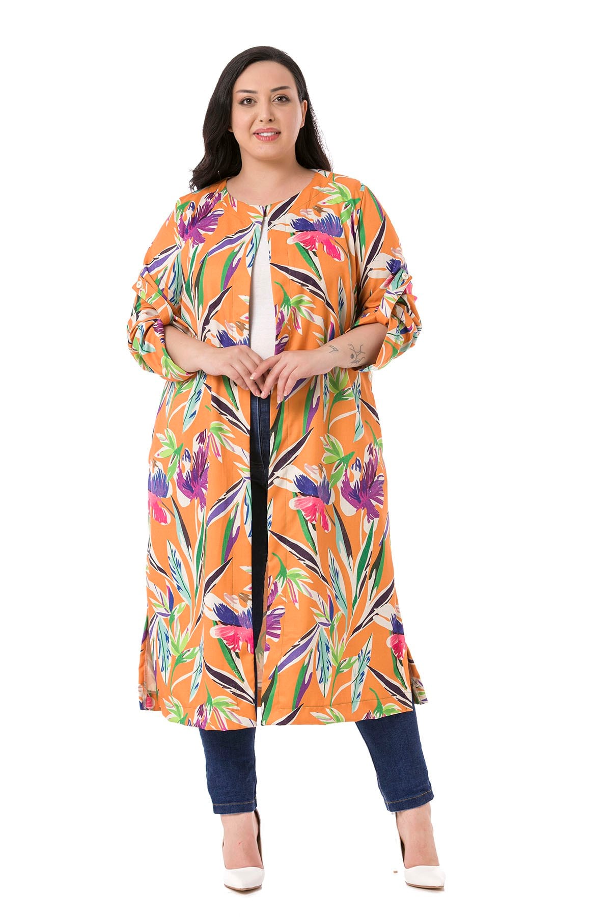Plus Size Round Neck Orange Jacket with Slits on the Sides