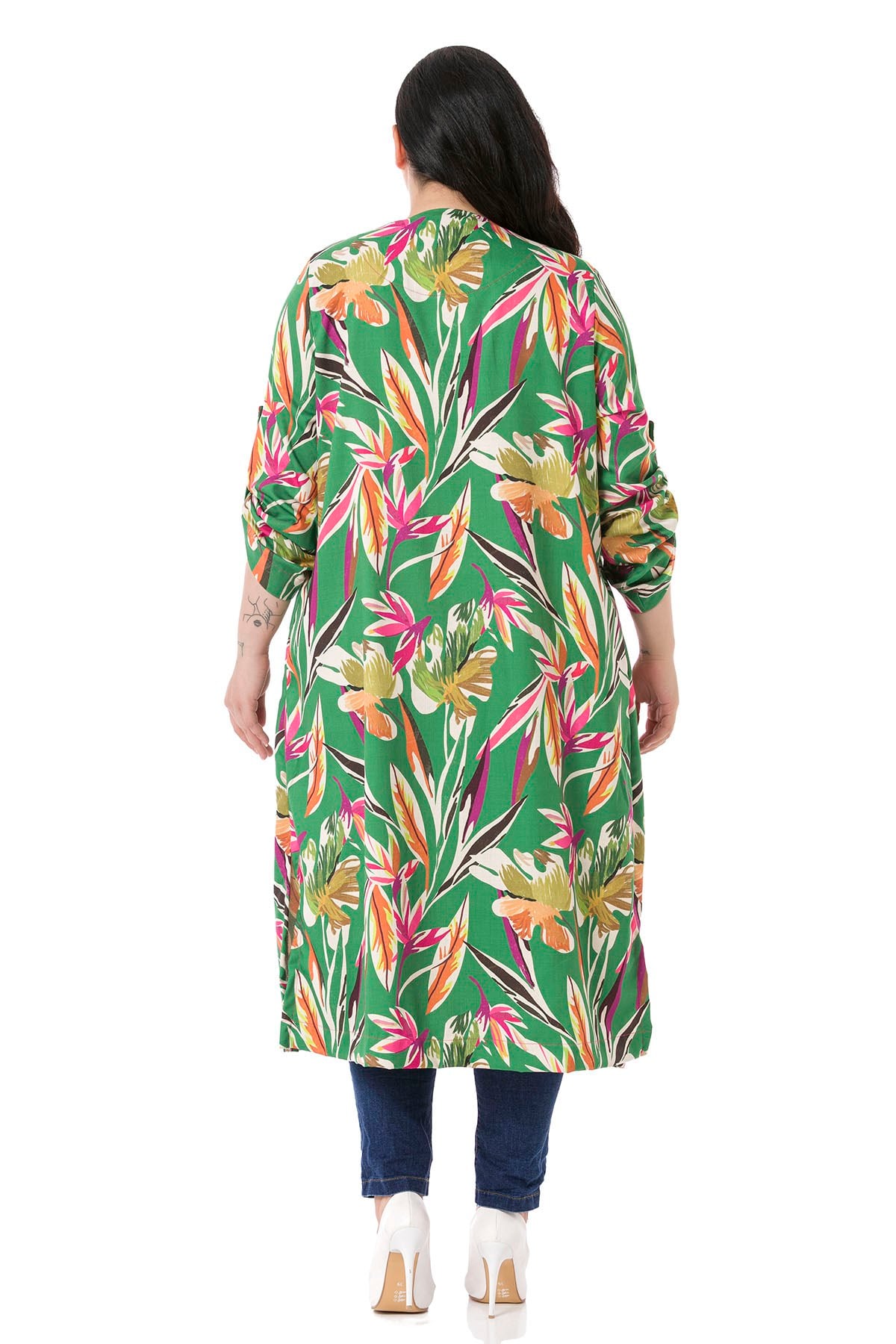 Plus Size Round Neck Green Jacket with Slits on the Sides