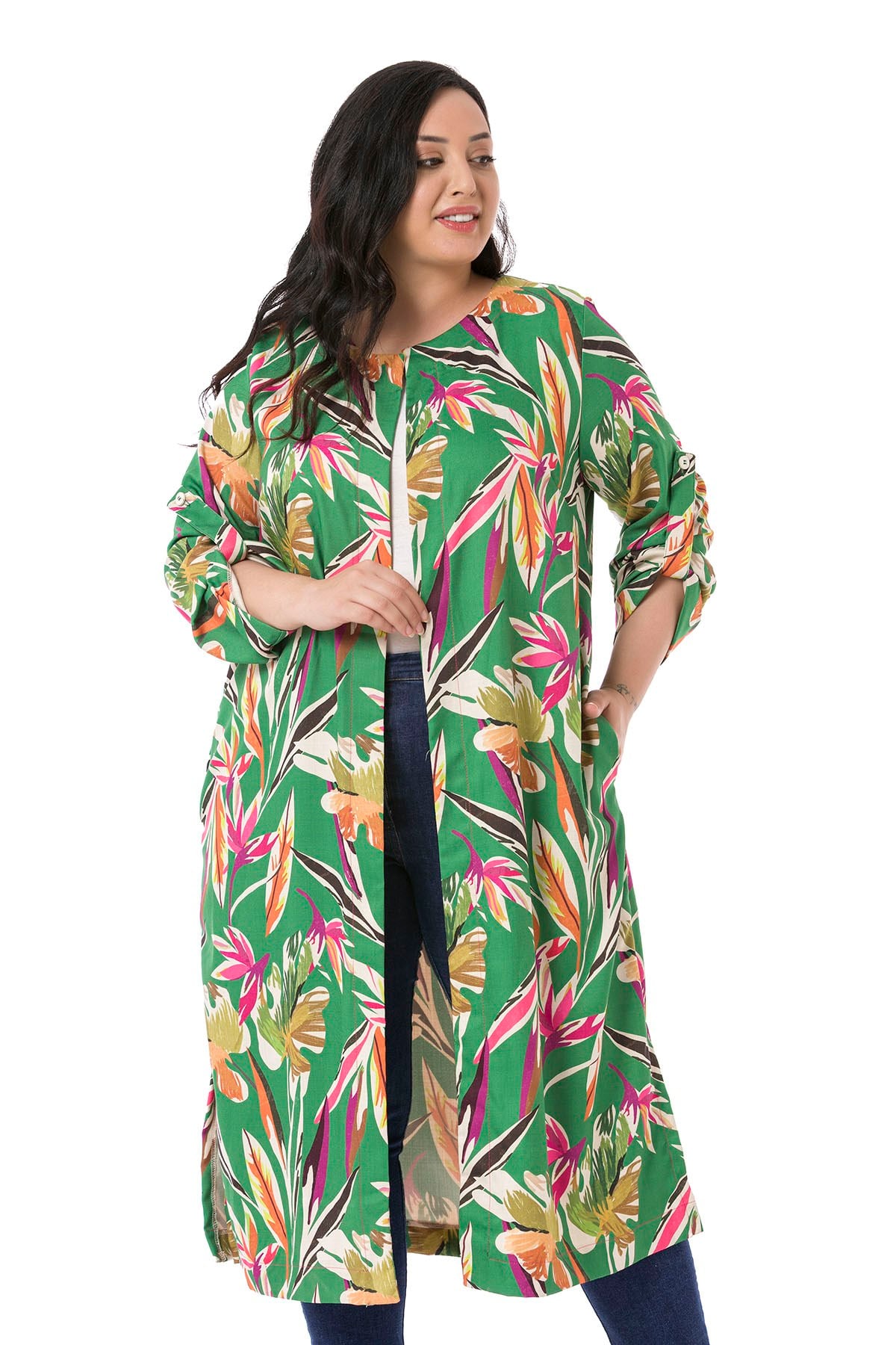 Plus Size Round Neck Green Jacket with Slits on the Sides