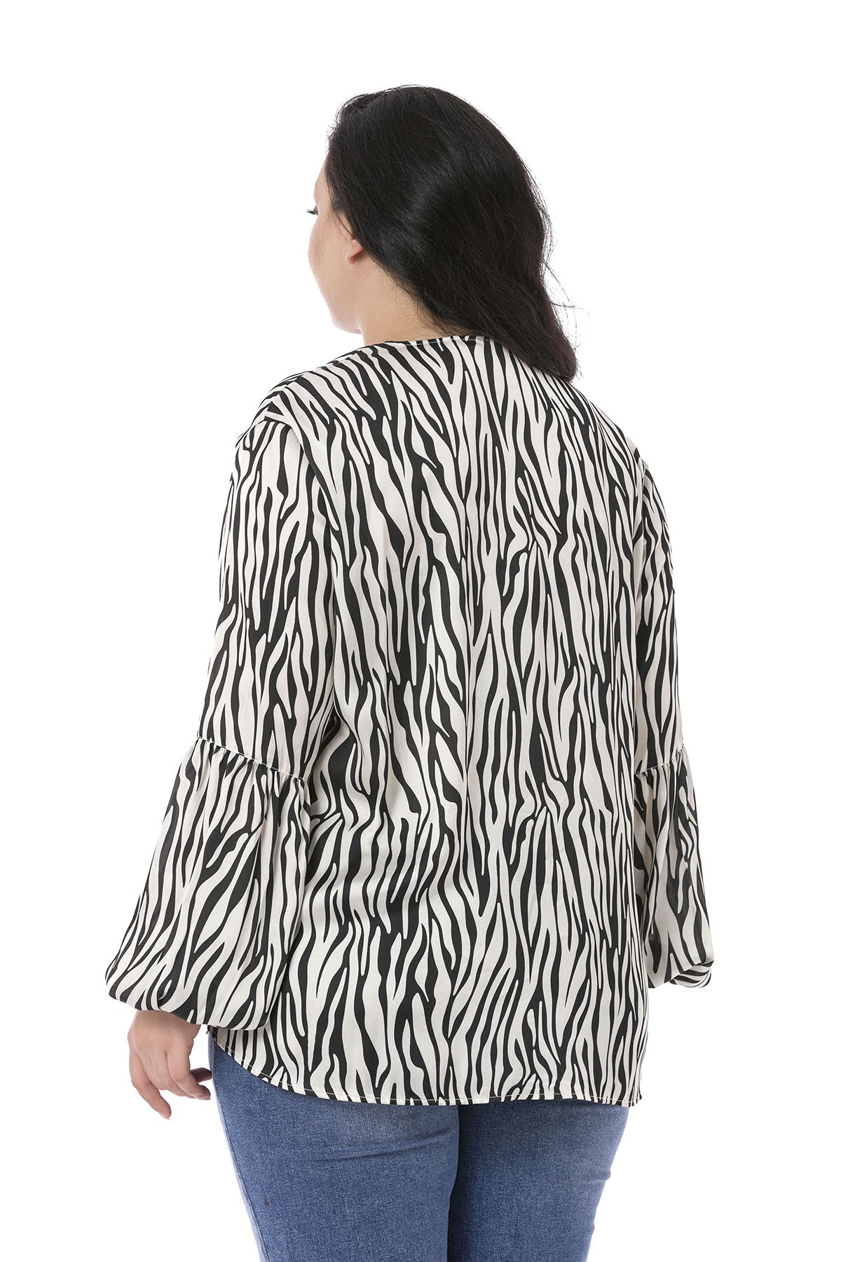 Plus Size Zebra Patterned Satin Black Blouse with Ornamental Pocket Cover