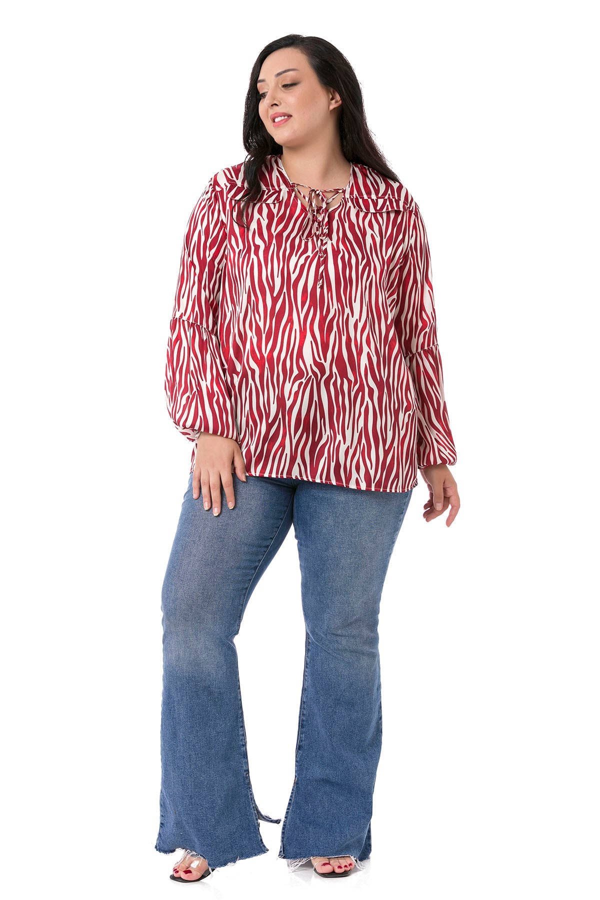 Plus Size Zebra Patterned Satin Red Blouse with Ornamental Pocket Cover