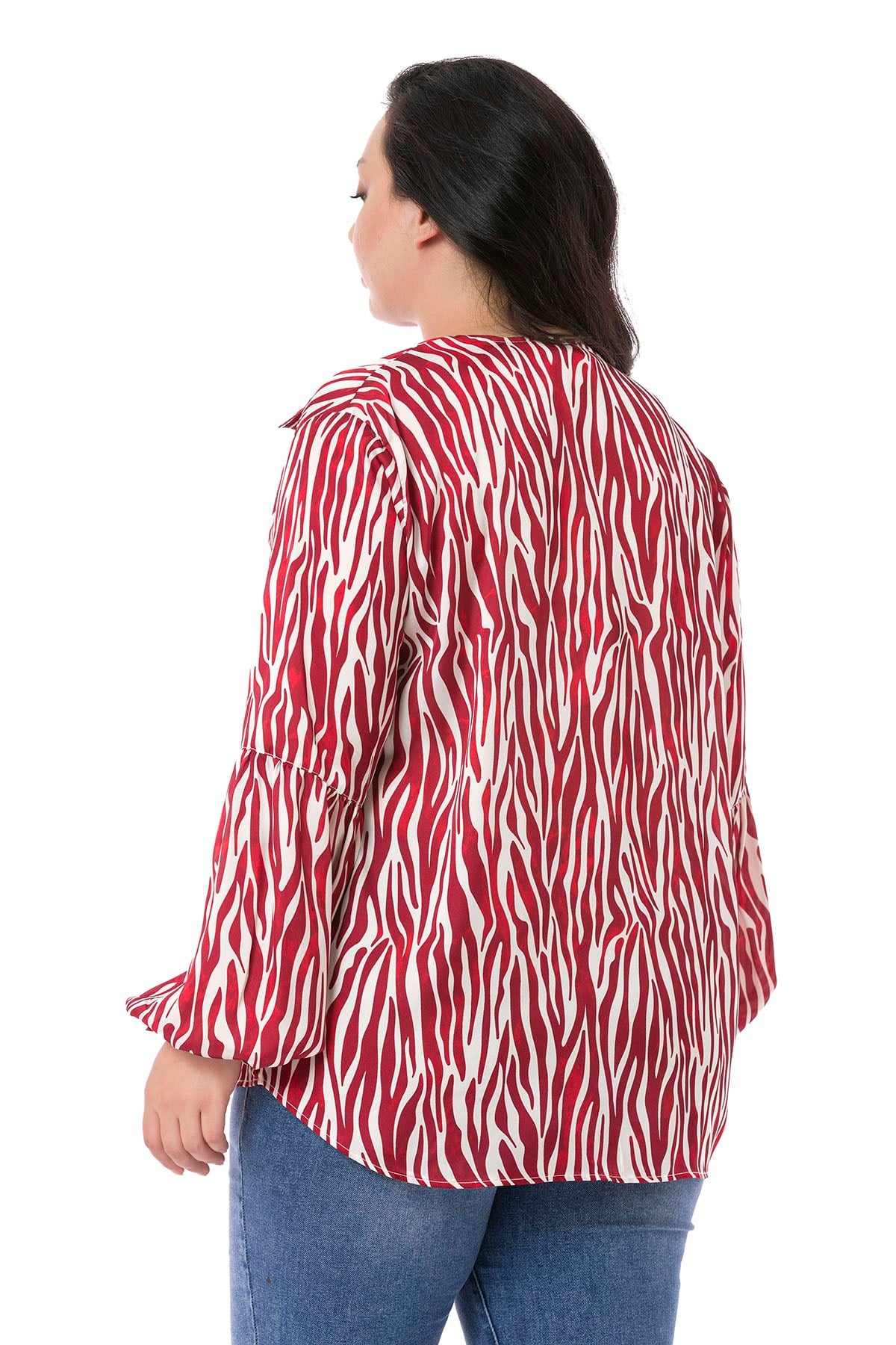 Plus Size Zebra Patterned Satin Red Blouse with Ornamental Pocket Cover
