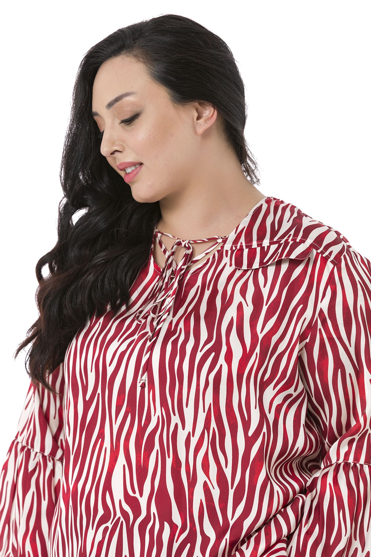 Plus Size Zebra Patterned Satin Red Blouse with Ornamental Pocket Cover