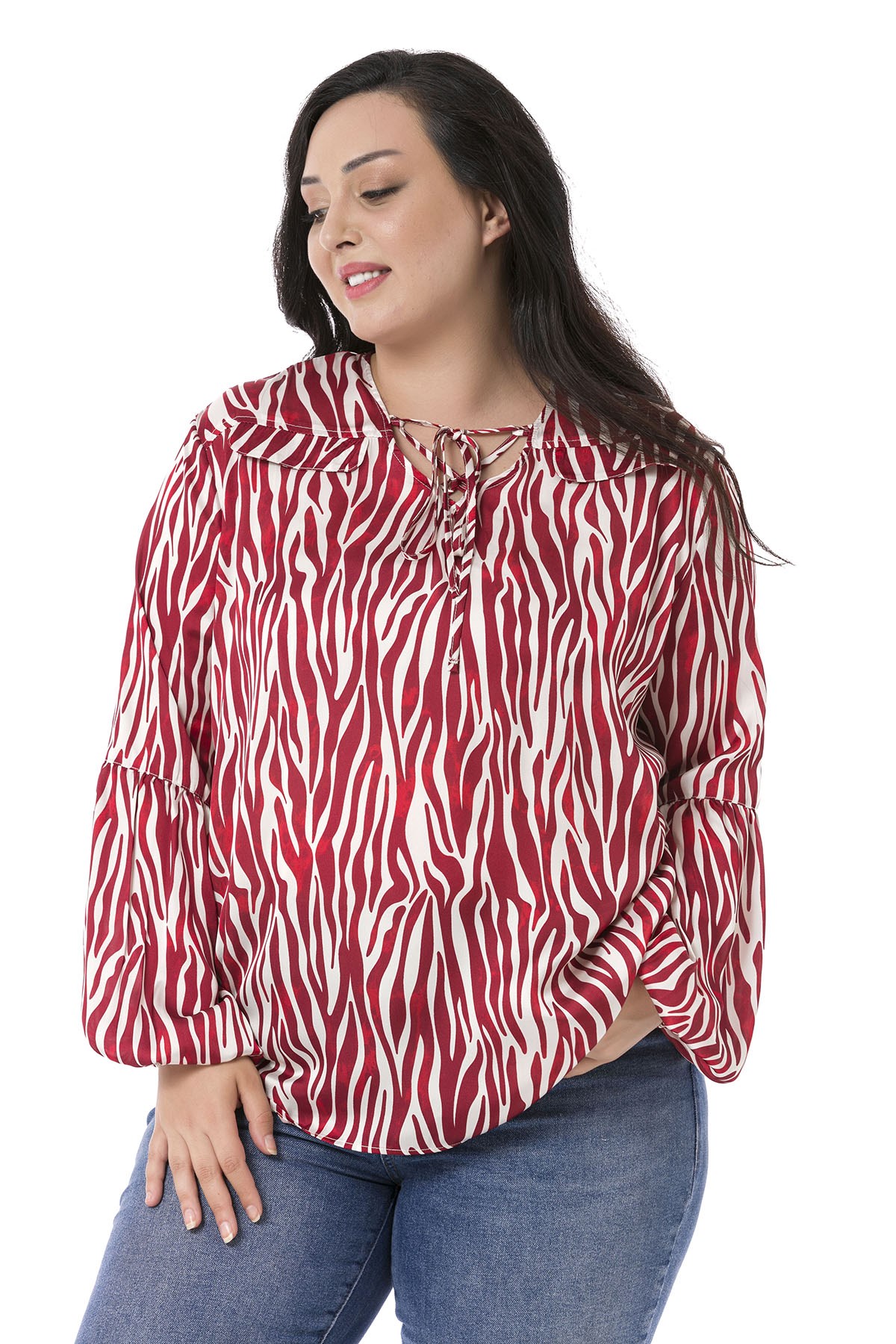 Plus Size Zebra Patterned Satin Red Blouse with Ornamental Pocket Cover
