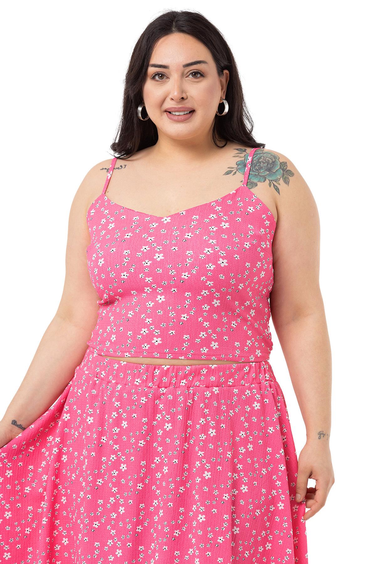 Plus Size Adjustable Thin Strap Blouse Skirt Fuchsia Double Suit