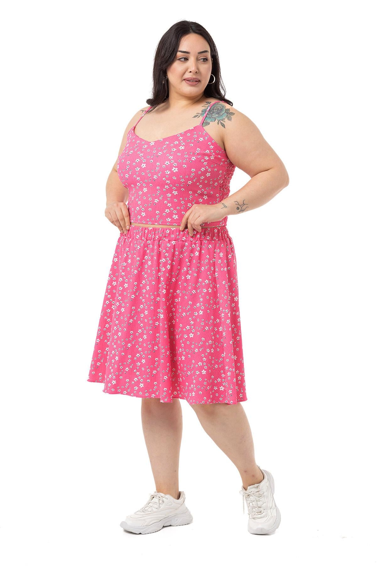 Plus Size Adjustable Thin Strap Blouse Skirt Fuchsia Double Suit