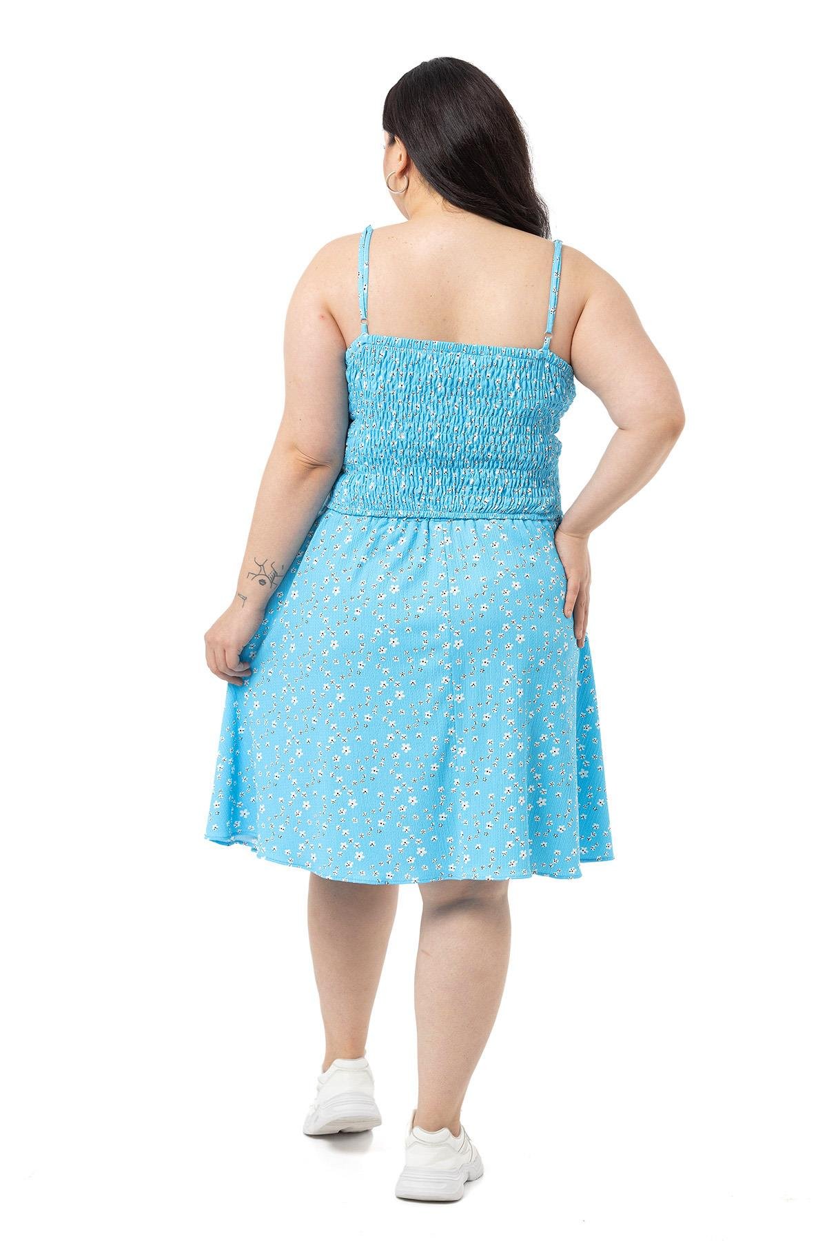 Büyük Beden Ayarlanabilir İnce Askılı Bluz Etek Mavi İkili Takım