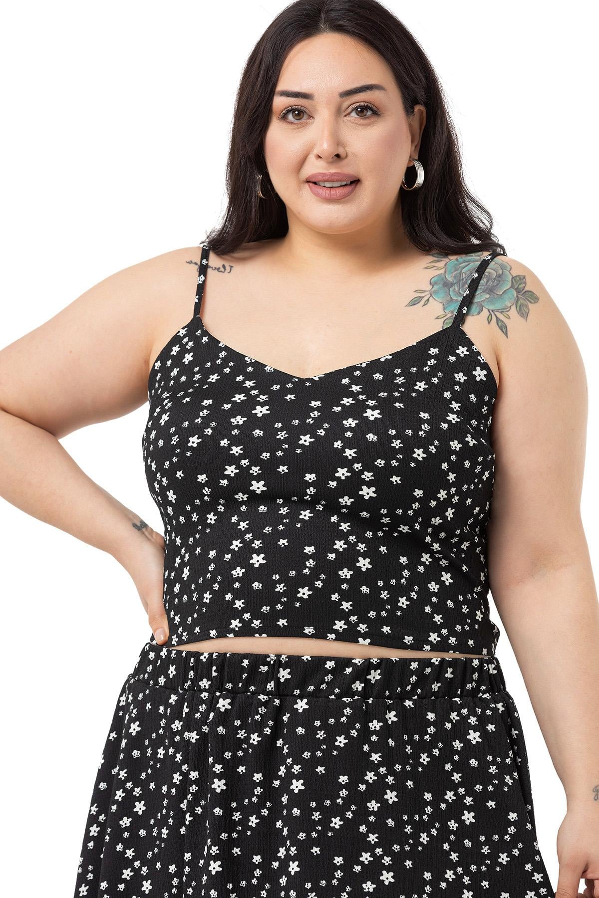 Plus Size Adjustable Thin Strap Blouse Skirt Black Double Suit