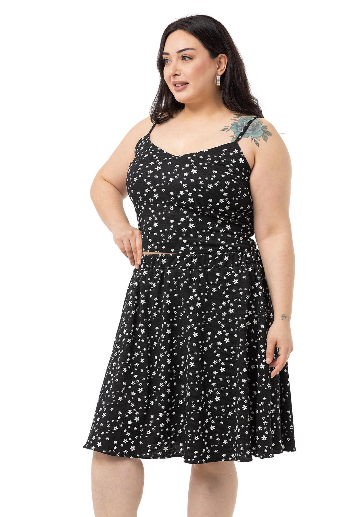 Plus Size Adjustable Thin Strap Blouse Skirt Black Double Suit
