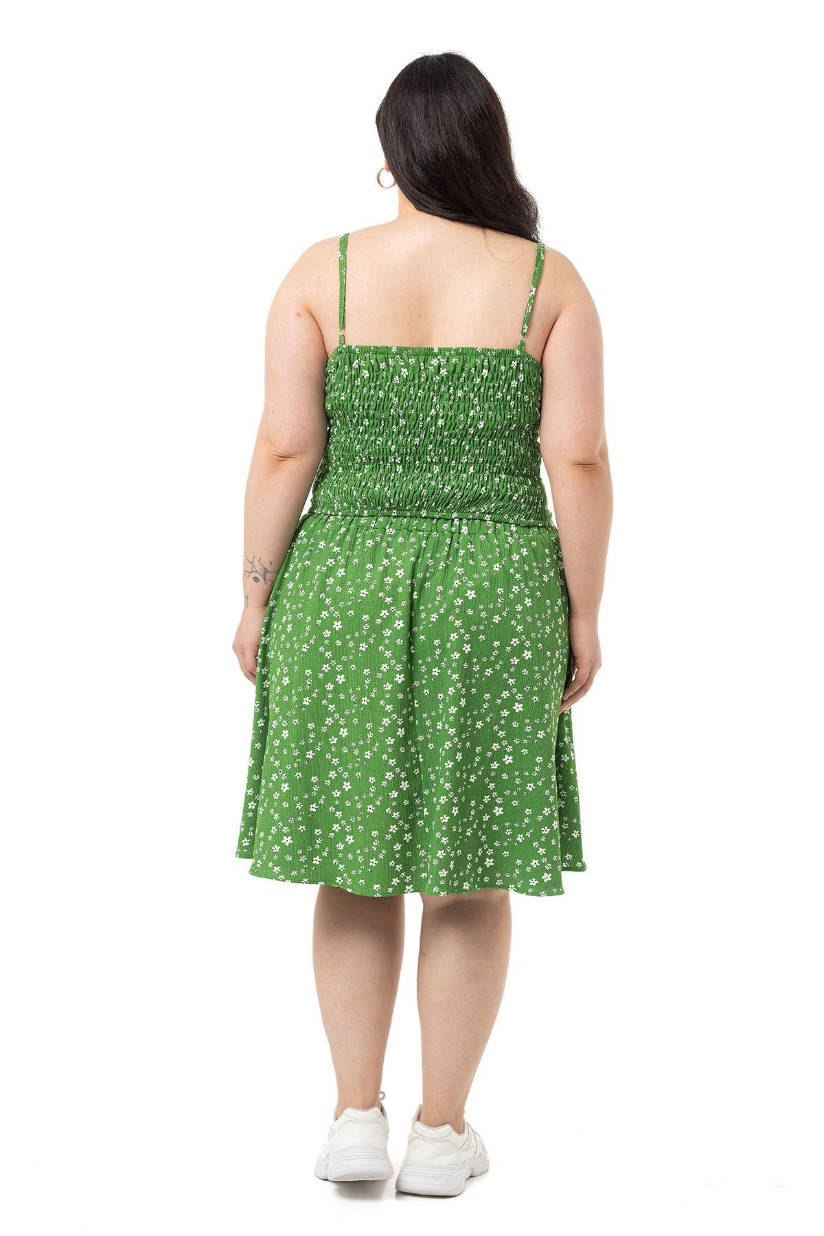 Büyük Beden Ayarlanabilir İnce Askılı Bluz Etek Yeşil İkili Takım