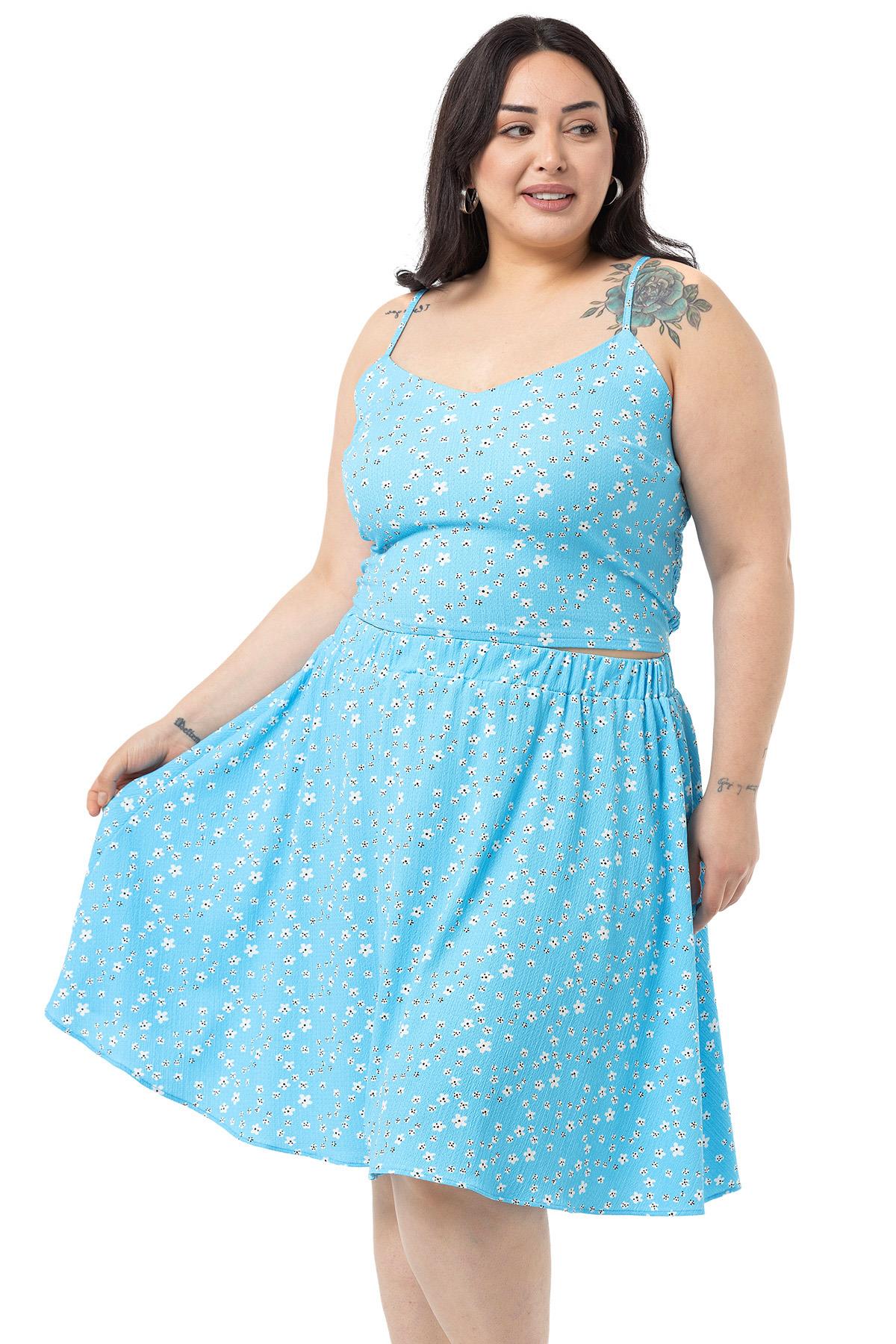 Büyük Beden Ayarlanabilir İnce Askılı Bluz Etek Mavi İkili Takım