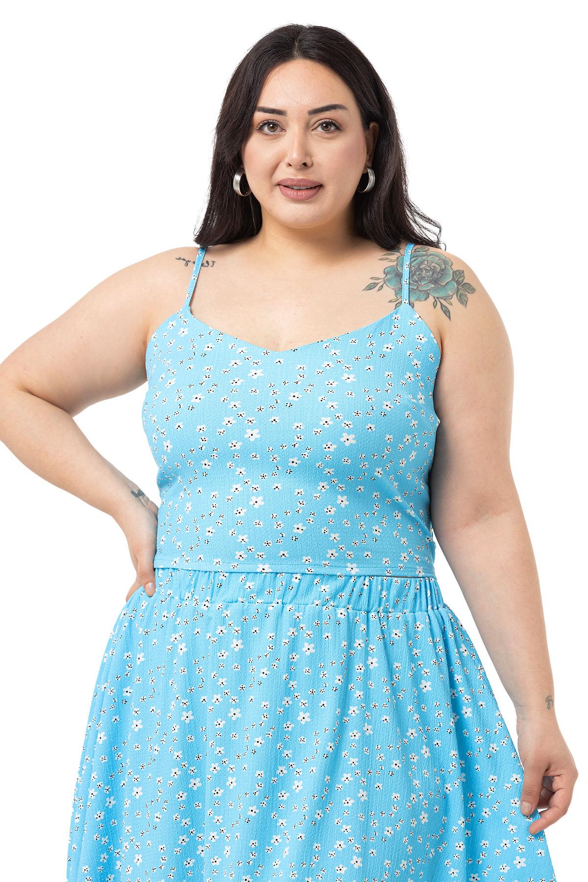 Büyük Beden Ayarlanabilir İnce Askılı Bluz Etek Mavi İkili Takım