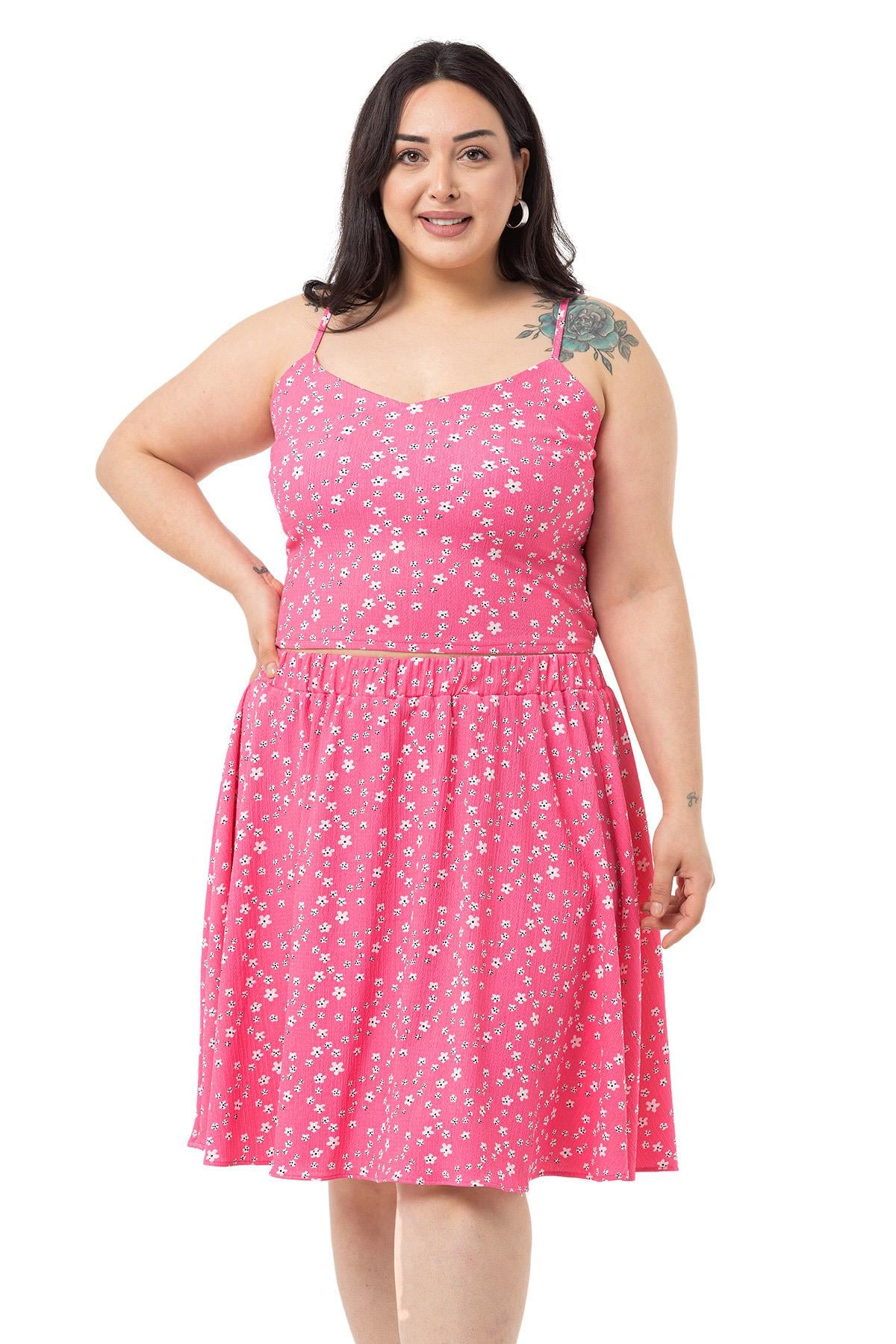 Plus Size Adjustable Thin Strap Blouse Skirt Fuchsia Double Suit