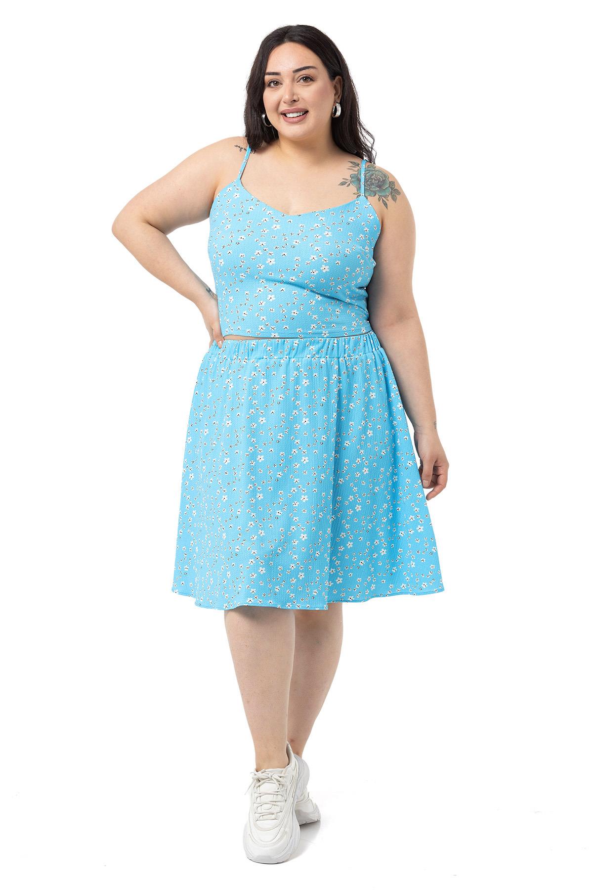 Büyük Beden Ayarlanabilir İnce Askılı Bluz Etek Mavi İkili Takım