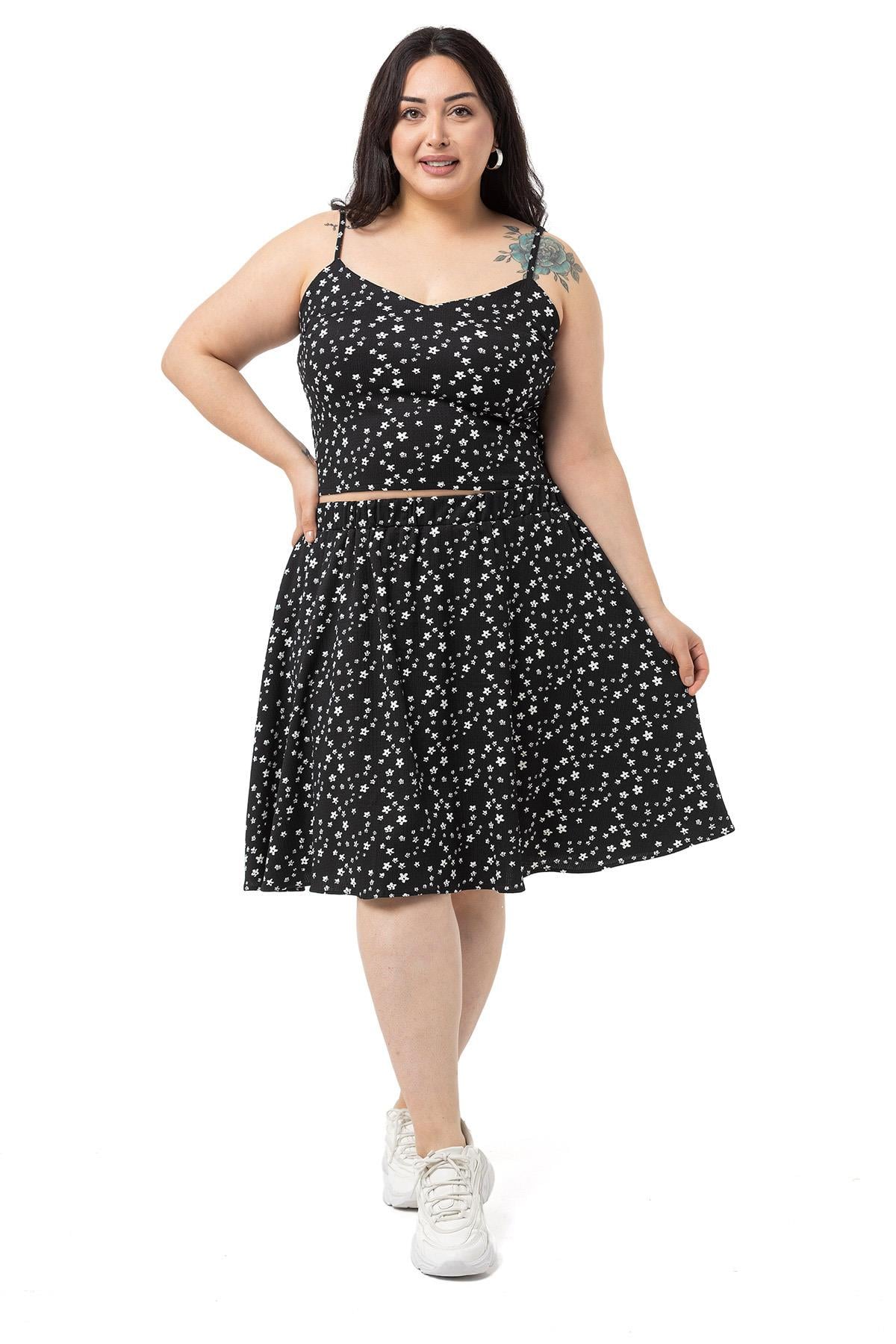 Plus Size Adjustable Thin Strap Blouse Skirt Black Double Suit