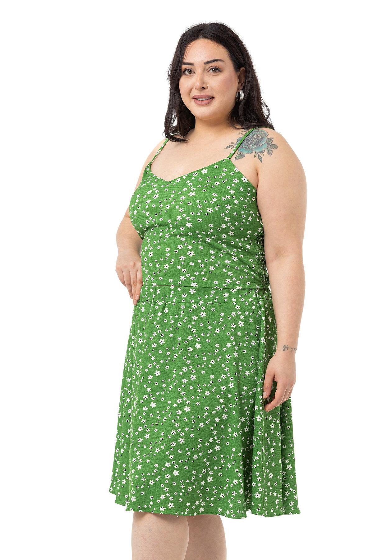 Büyük Beden Ayarlanabilir İnce Askılı Bluz Etek Yeşil İkili Takım