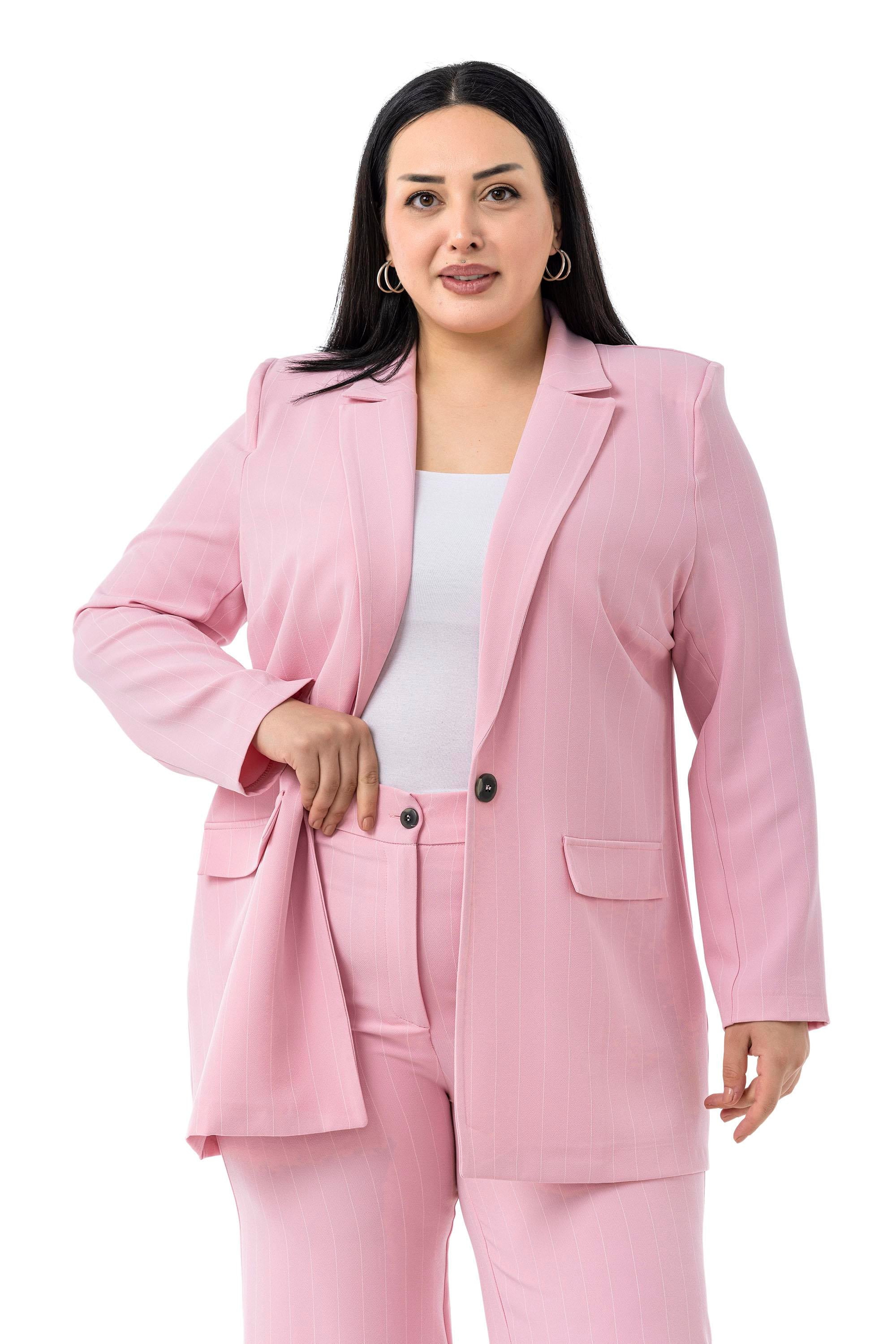 Büyük Beden Çizgili Pembe Ceket Pantolon İkili Takım