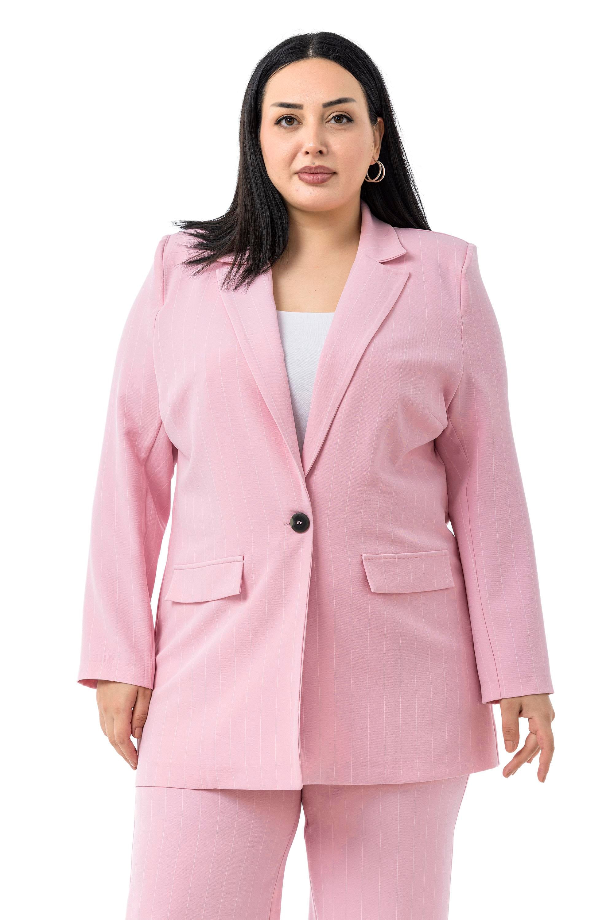 Büyük Beden Çizgili Pembe Ceket Pantolon İkili Takım