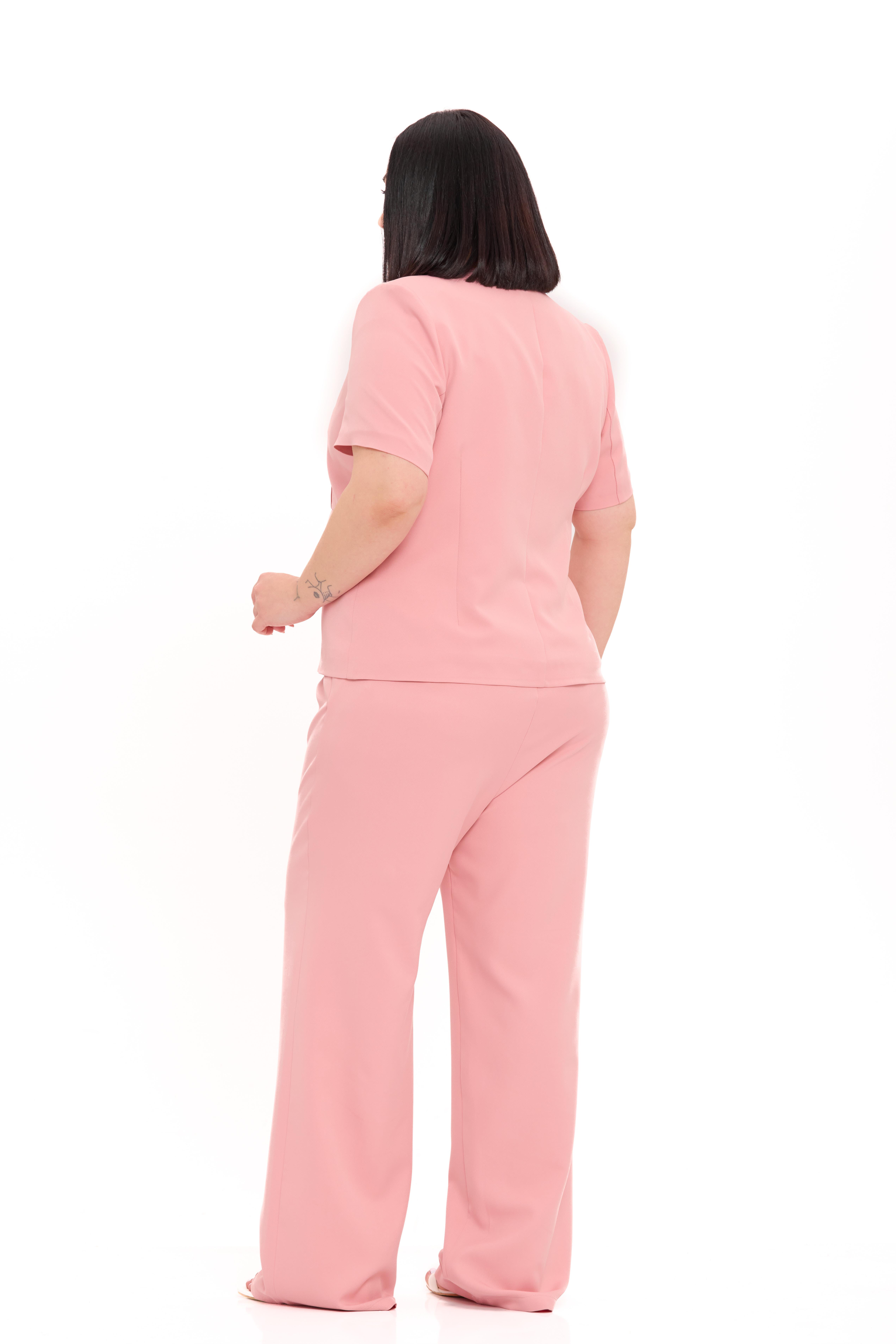 Büyük Beden Kısa Kollu U Yaka Pudra Ceket Pantolon İkili Takım