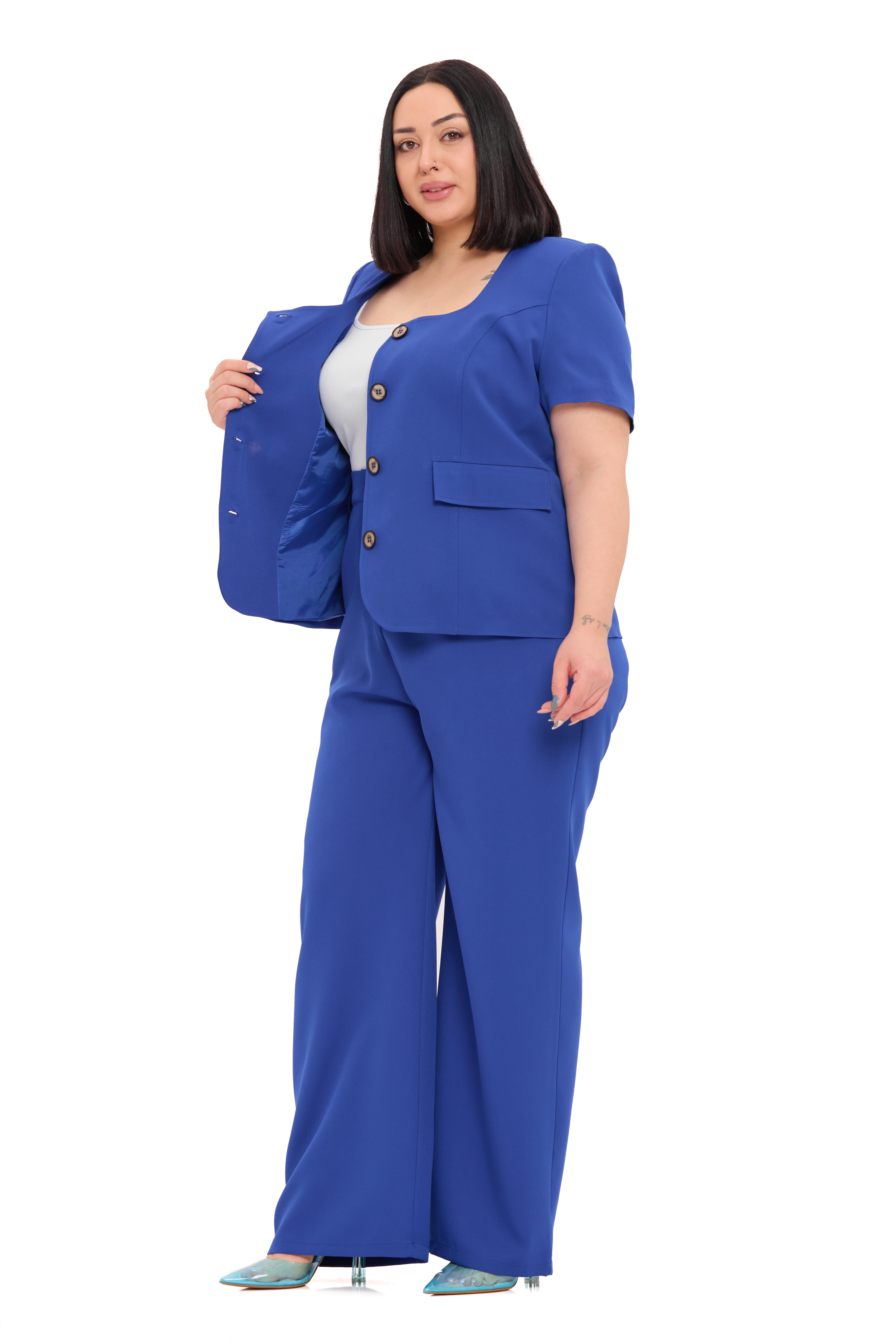 Büyük Beden Kısa Kollu U Yaka Saks Mavi Ceket Pantolon İkili Takım