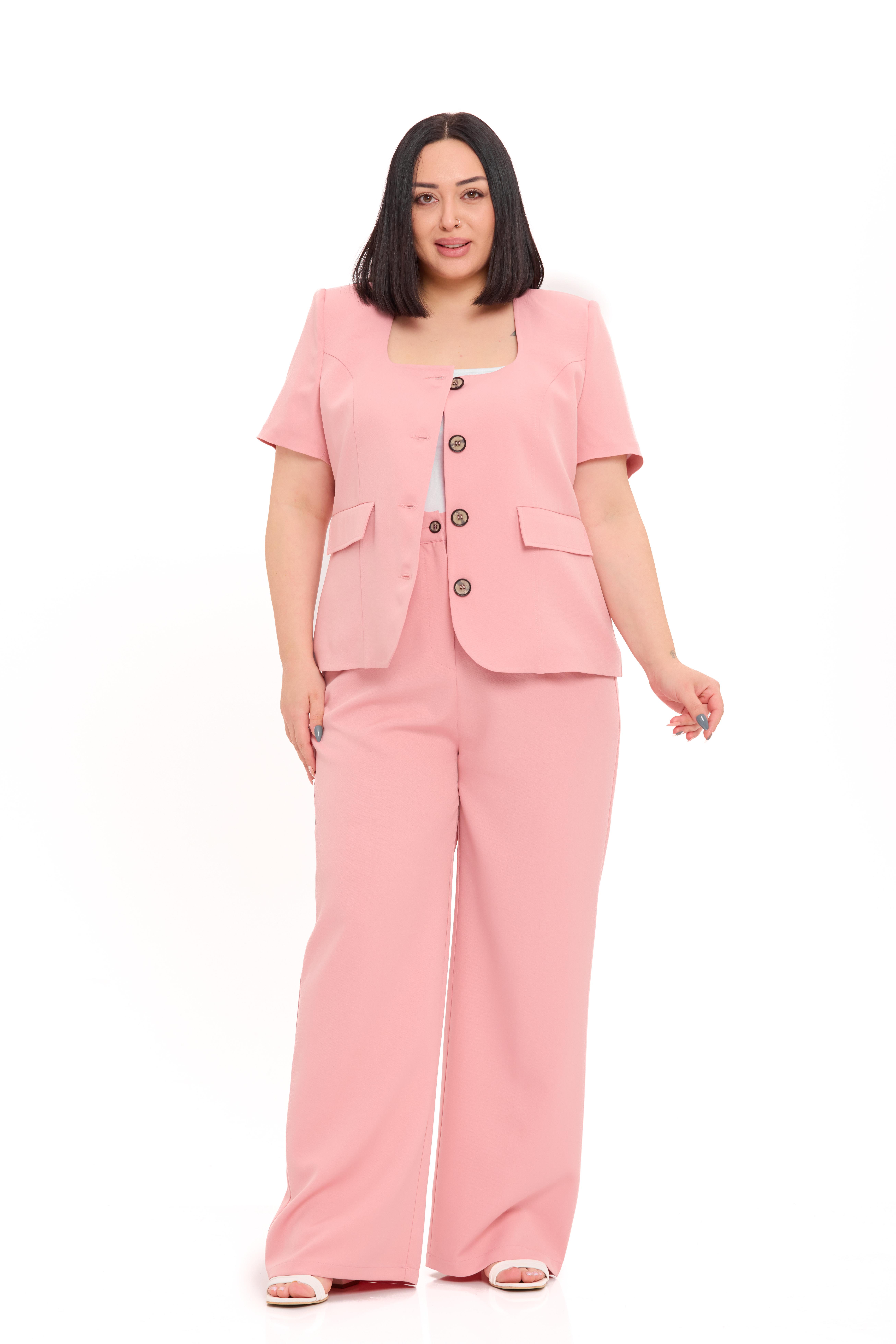 Büyük Beden Kısa Kollu U Yaka Pudra Ceket Pantolon İkili Takım