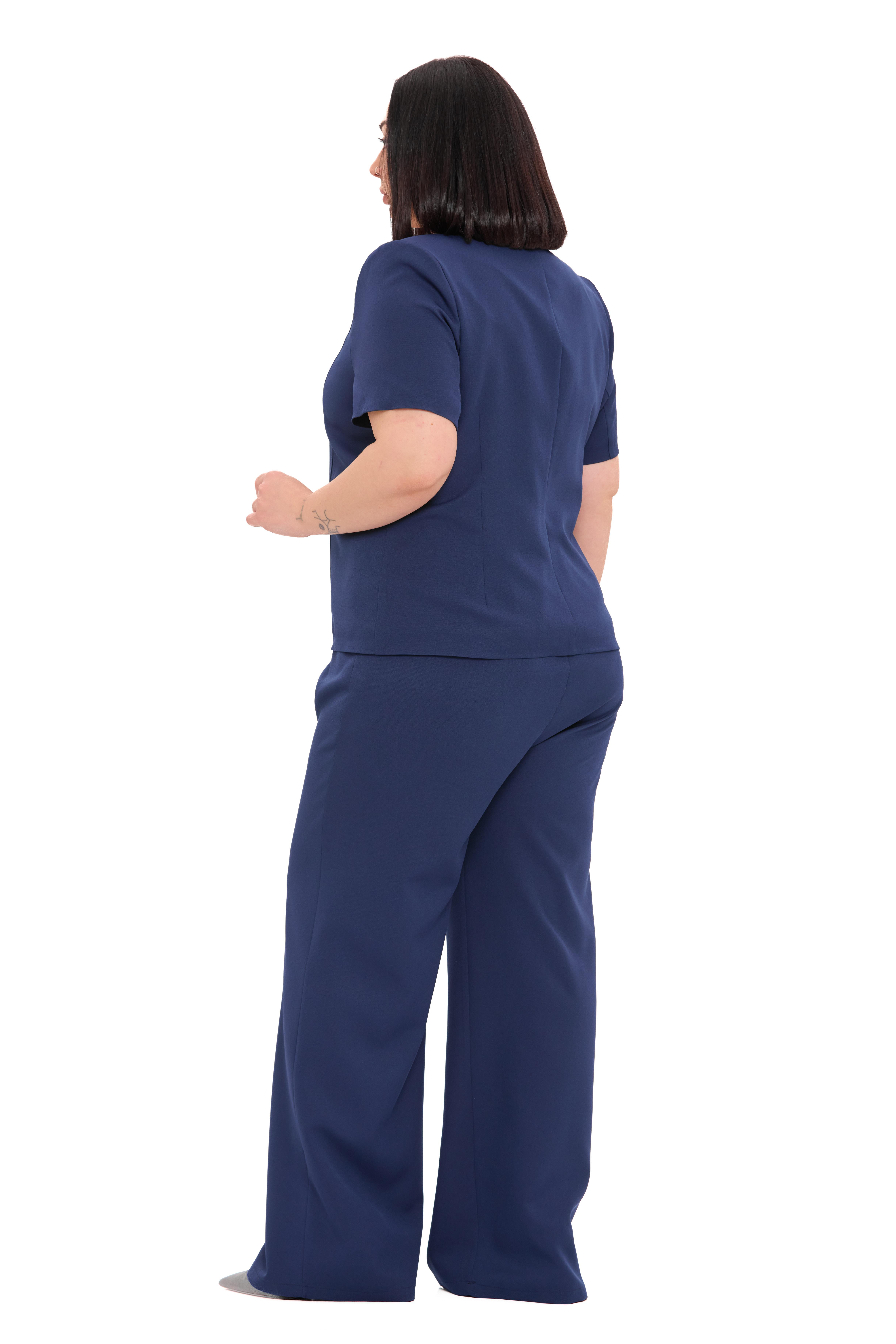 Büyük Beden Kısa Kollu U Yaka Lacivert Ceket Pantolon İkili Takım