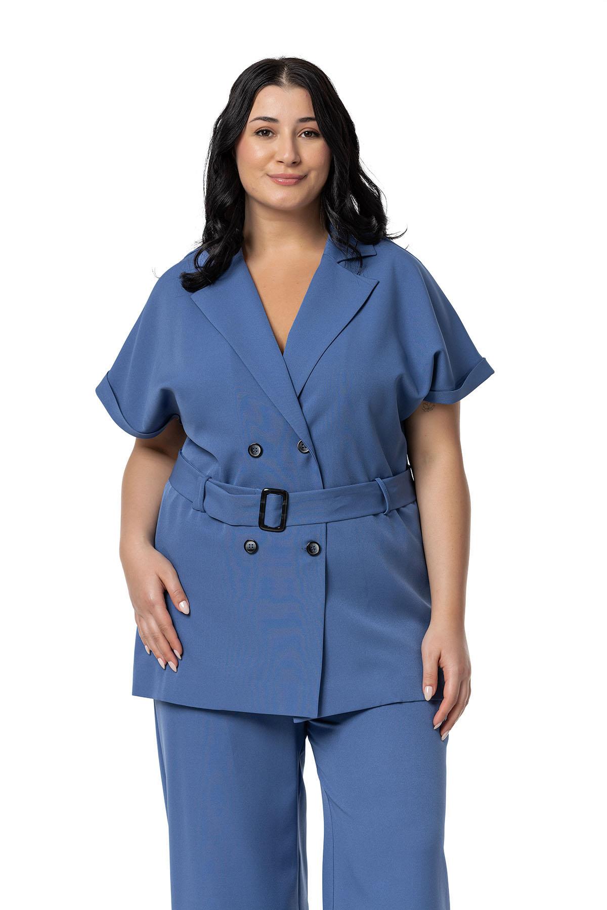 Büyük Beden Kruvaze Kemerli Yarım Kollu İndigo Ceket Pantolon İkili Takım