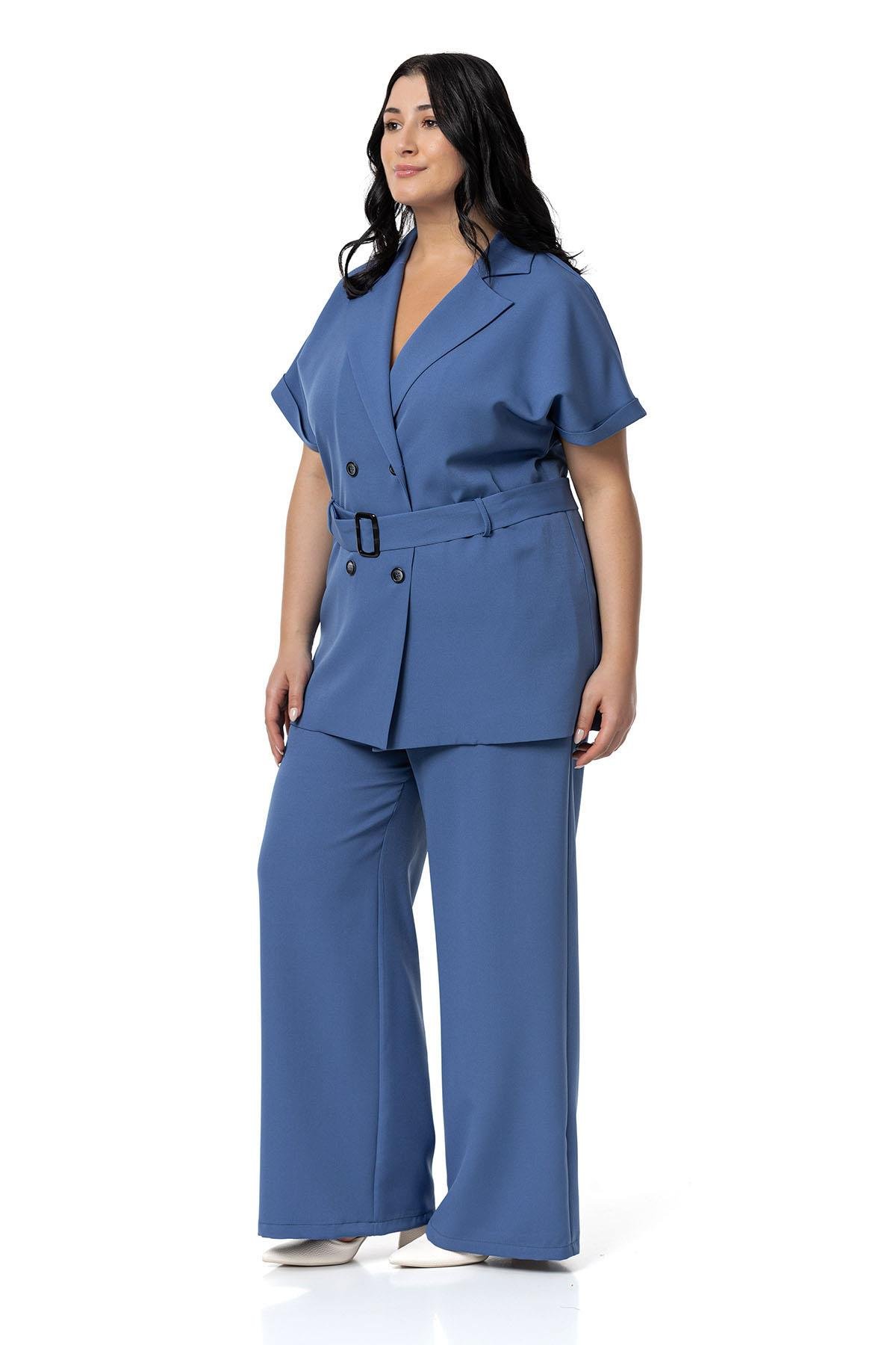 Büyük Beden Kruvaze Kemerli Yarım Kollu İndigo Ceket Pantolon İkili Takım