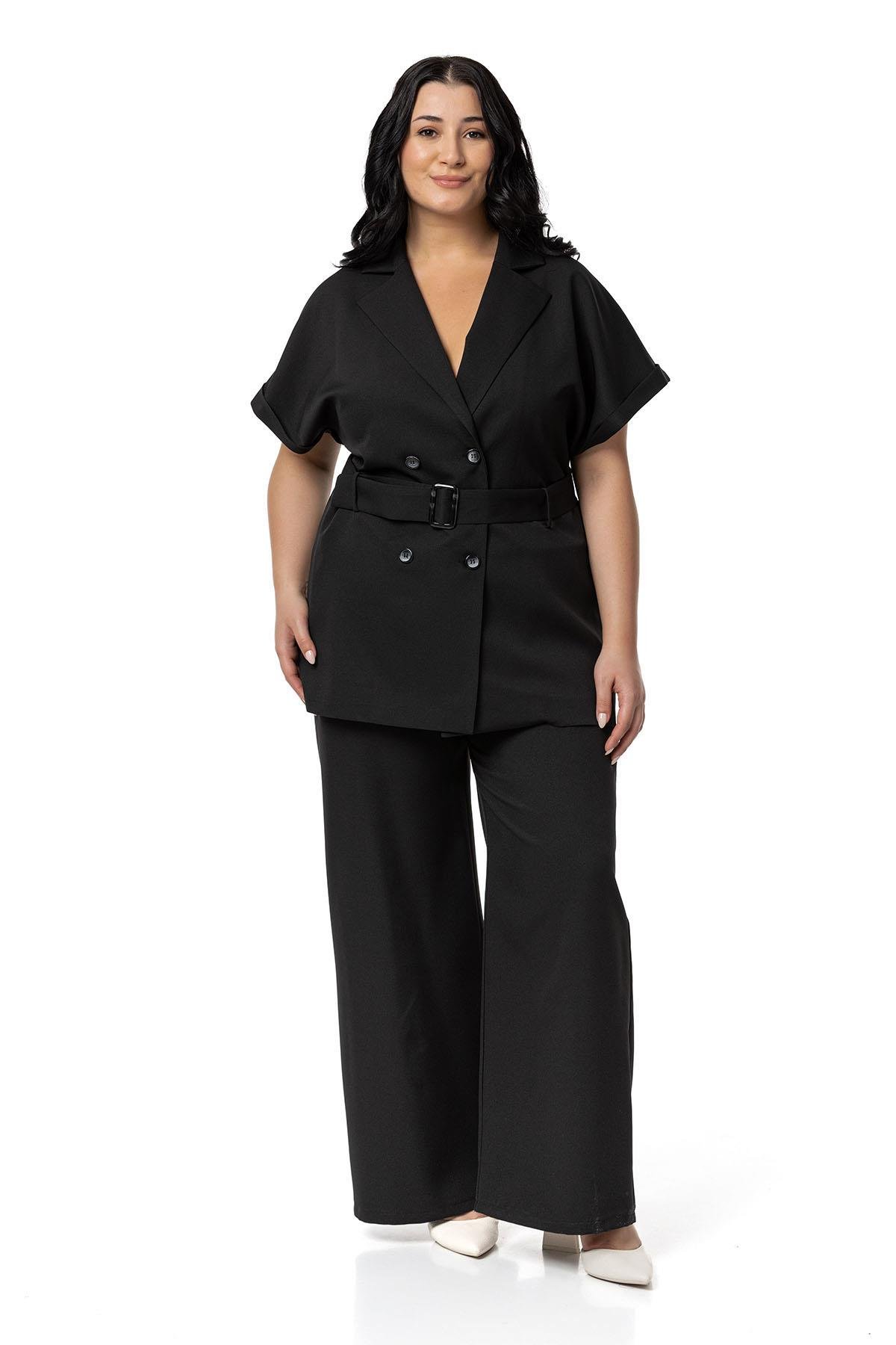 Büyük Beden Kruvaze Kemerli Yarım Kollu Siyah Ceket Pantolon İkili Takım