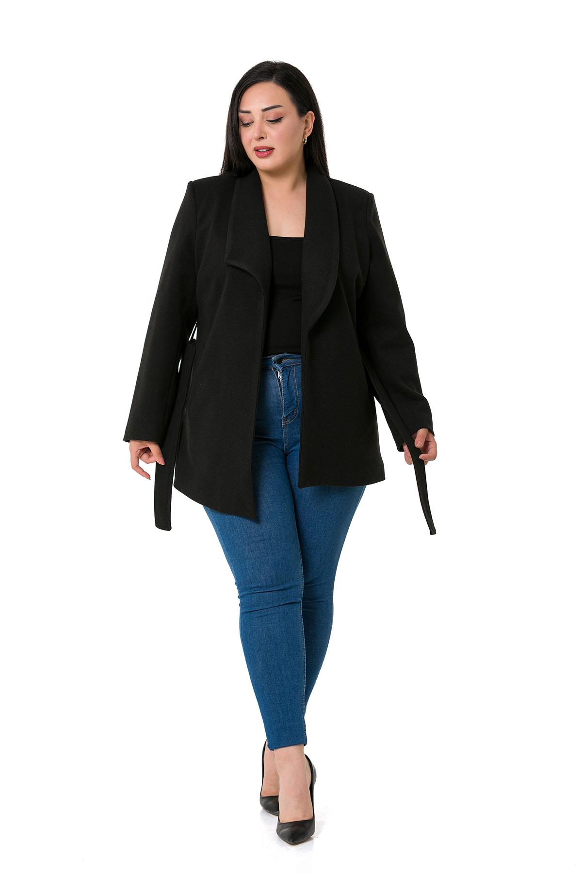 Plus Size Asymmetrical Cut Belted Lined Black Jacket