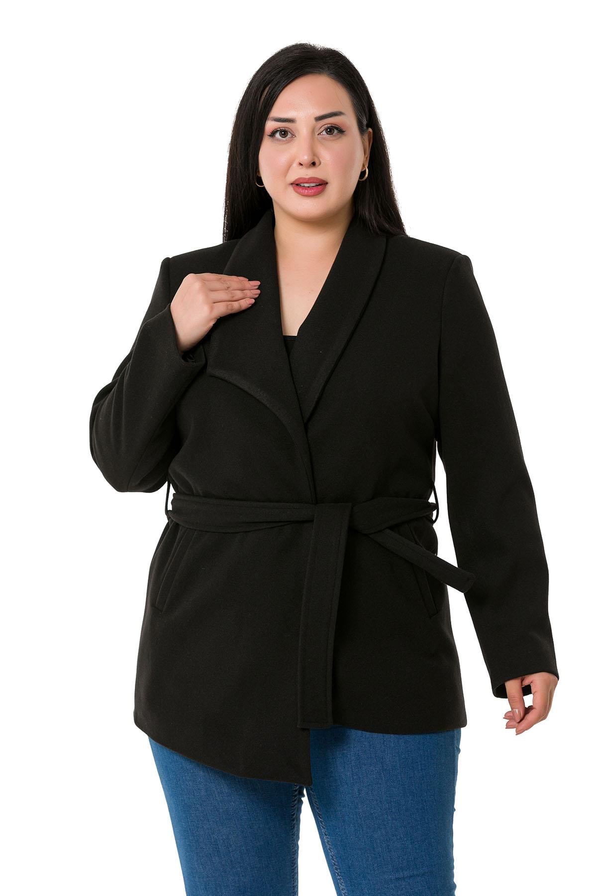 Plus Size Asymmetrical Cut Belted Lined Black Jacket