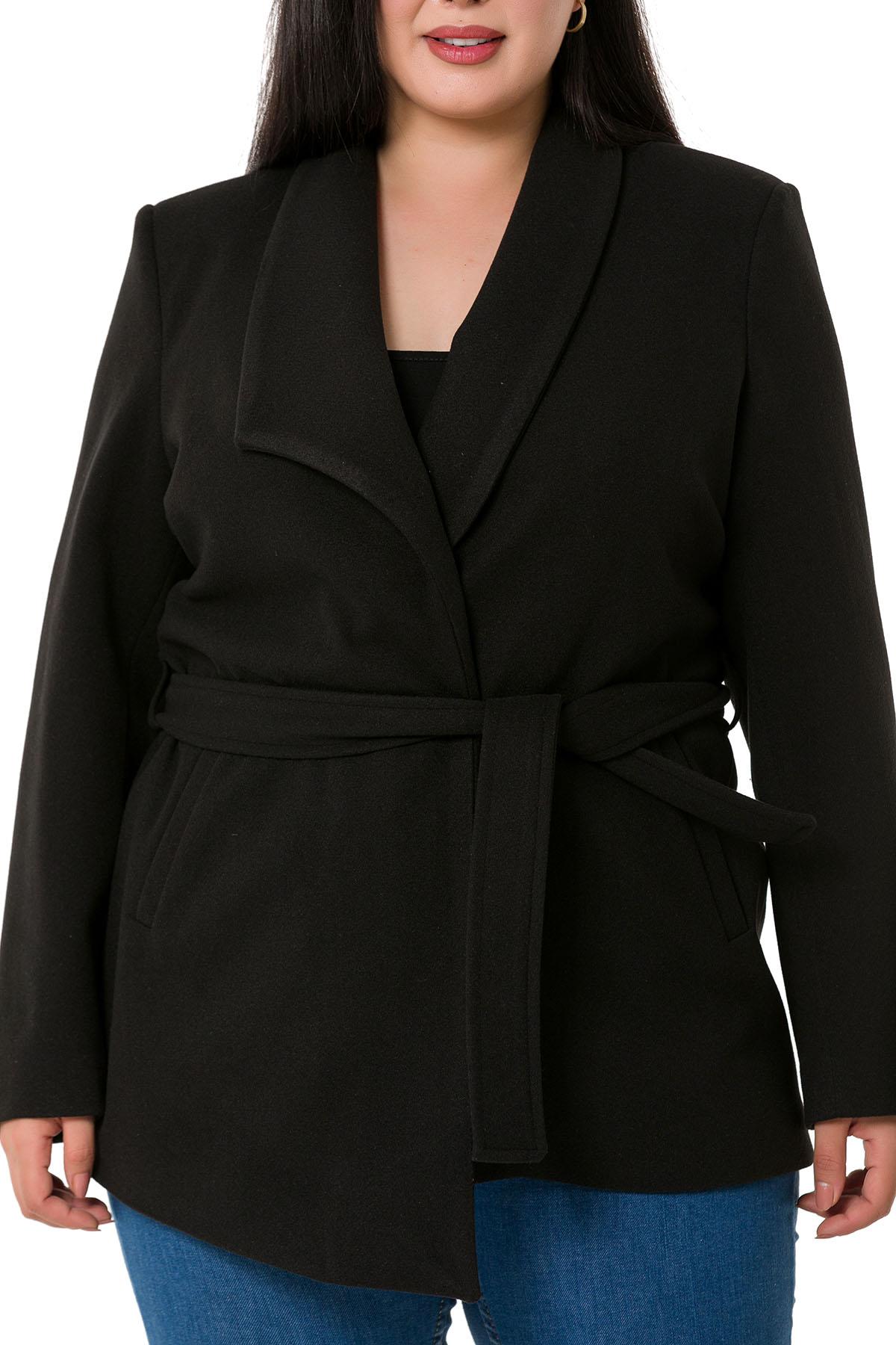 Plus Size Asymmetrical Cut Belted Lined Black Jacket