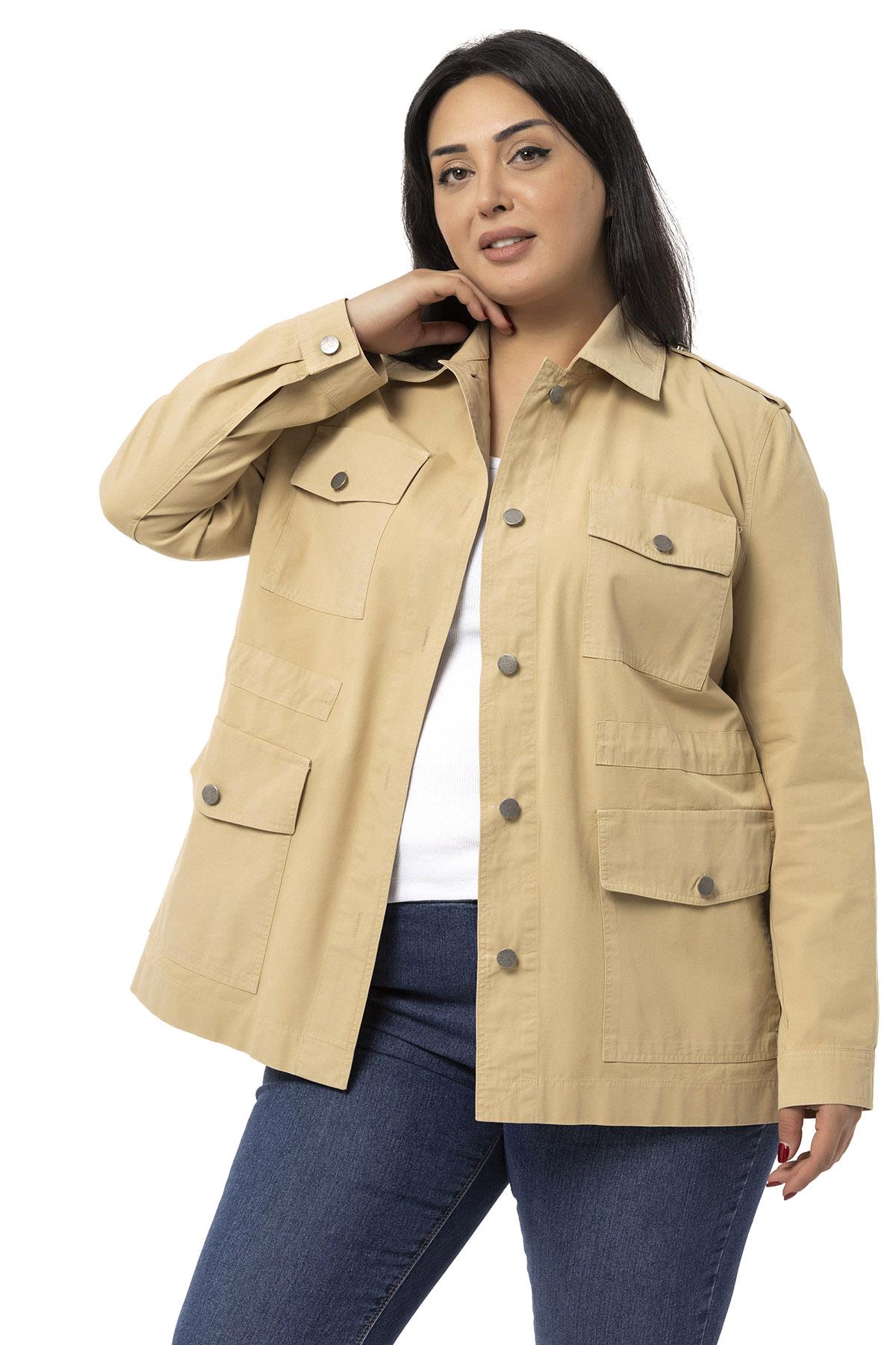 Büyük Beden Beli Büzgü Detaylı Apoletli Cepli Bej Rengi Ceket