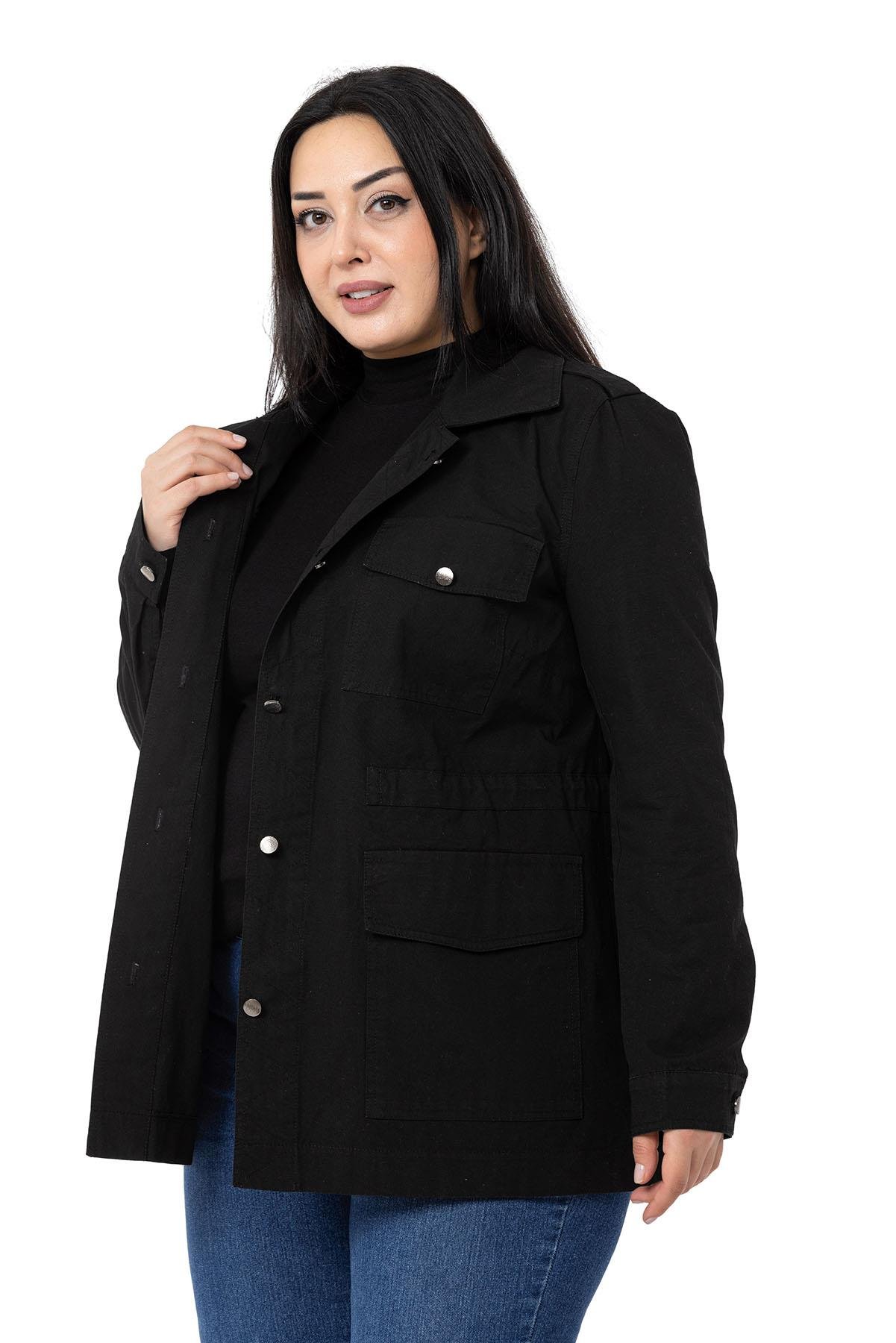 Büyük Beden Beli Büzgü Detaylı Apoletli Cepli Siyah Ceket