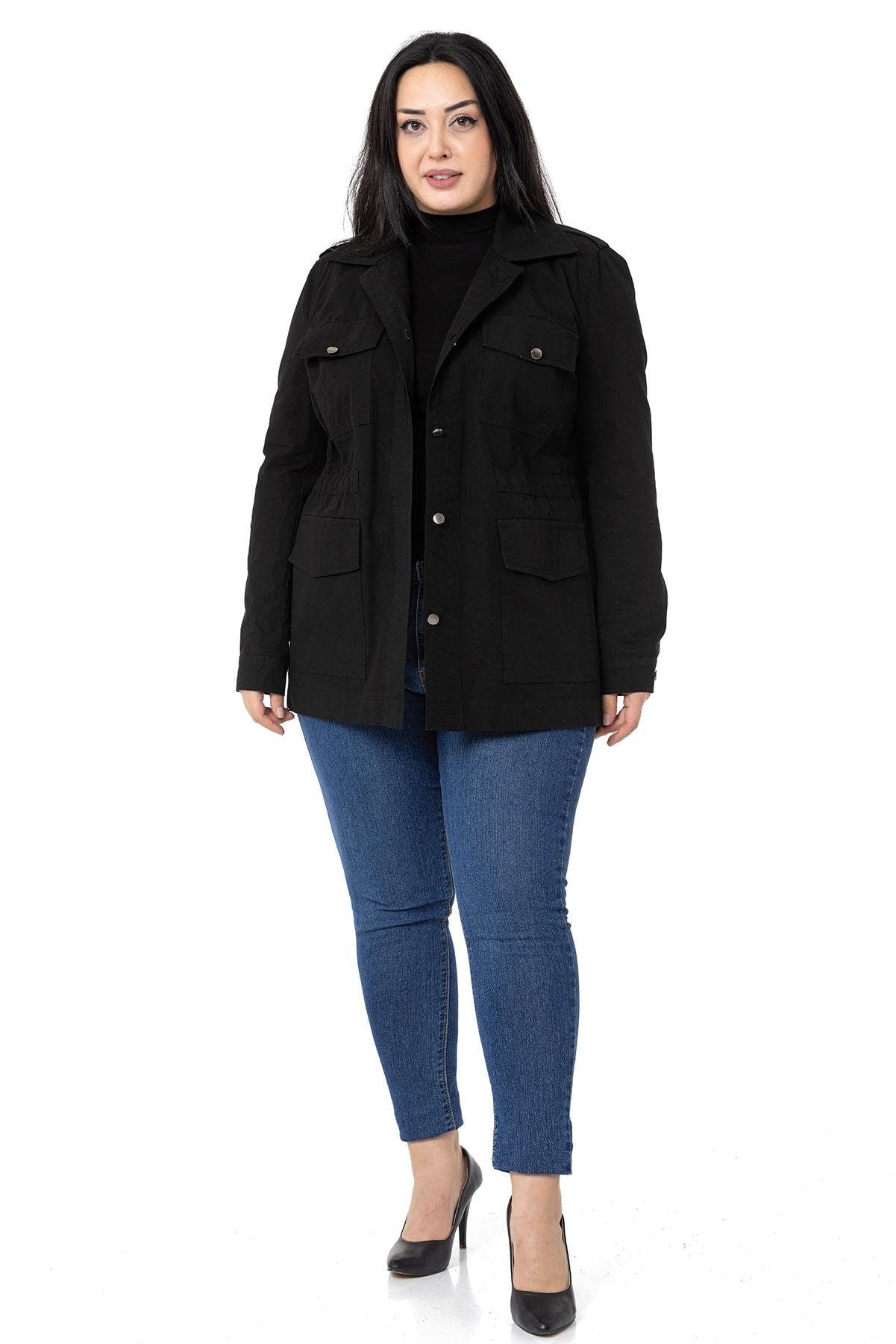 Büyük Beden Beli Büzgü Detaylı Apoletli Cepli Siyah Ceket