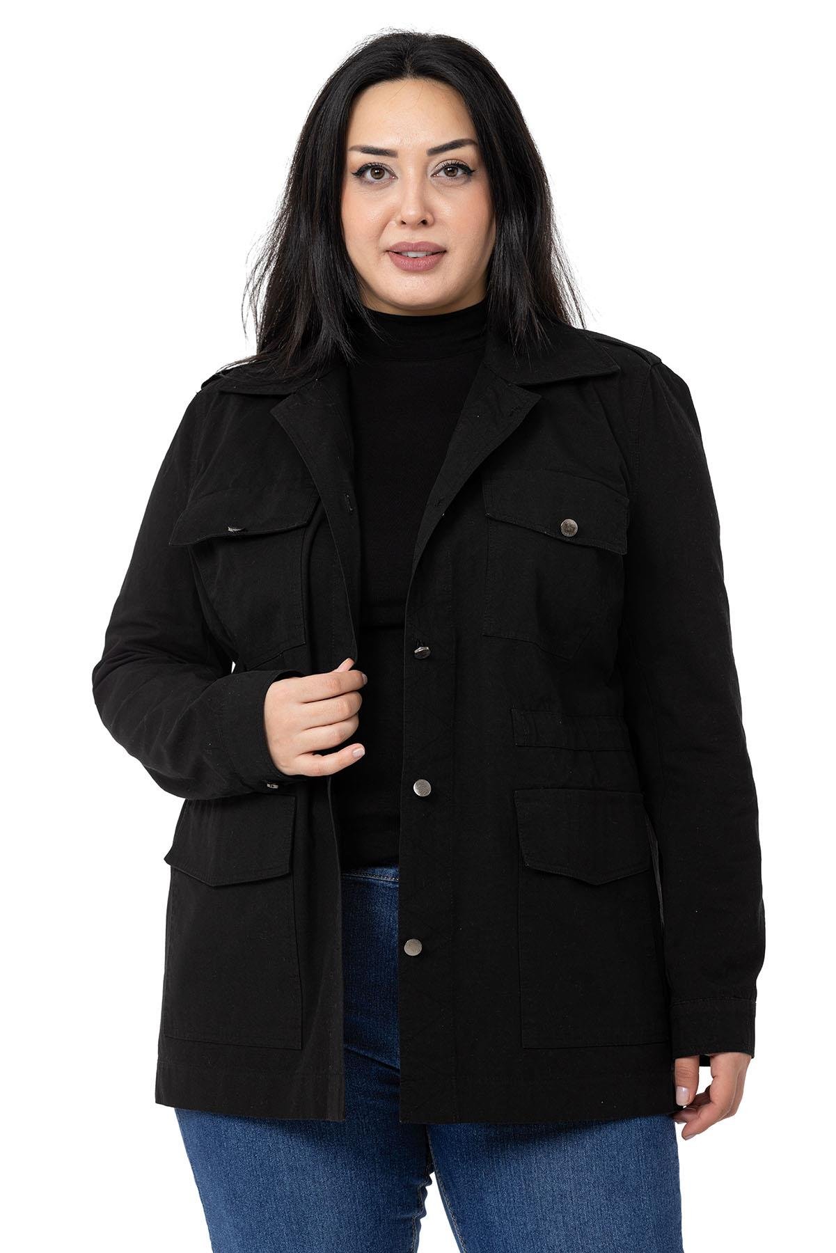 Büyük Beden Beli Büzgü Detaylı Apoletli Cepli Siyah Ceket