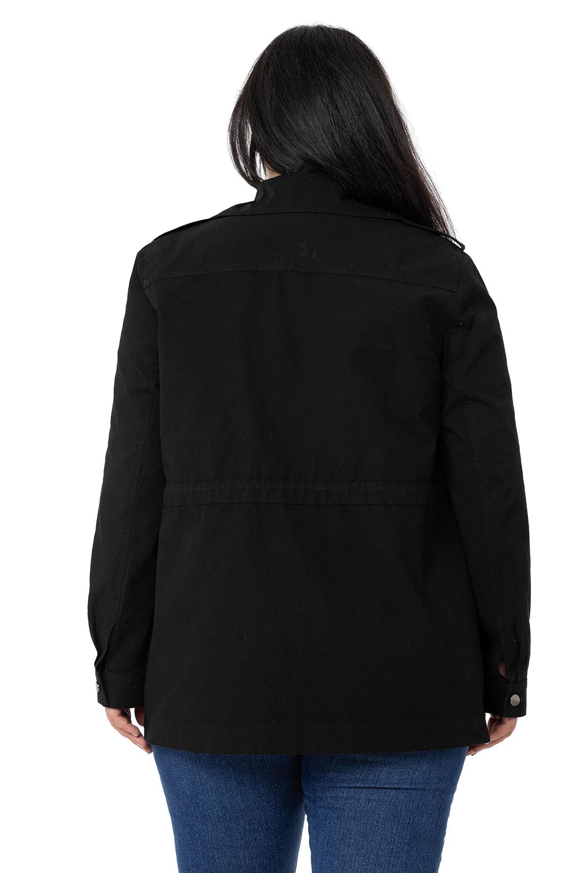 Büyük Beden Beli Büzgü Detaylı Apoletli Cepli Siyah Ceket