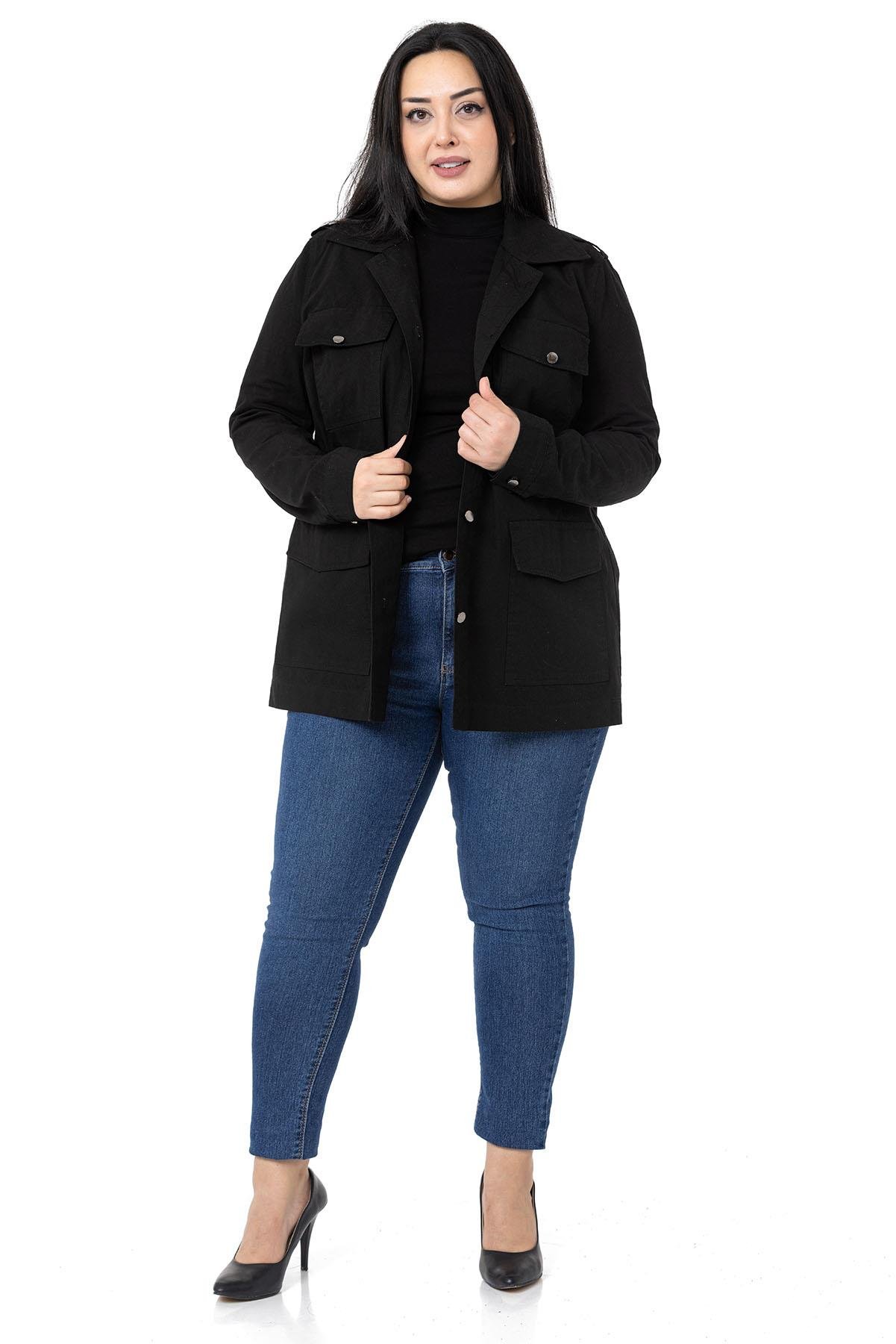 Büyük Beden Beli Büzgü Detaylı Apoletli Cepli Siyah Ceket
