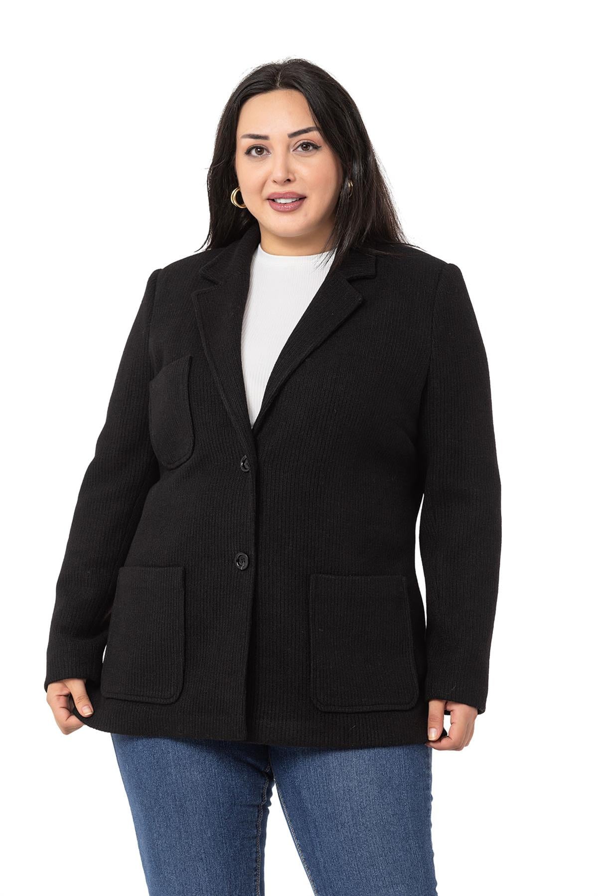 Plus Size Blazer Pocket Knitted Lined Black Jacket