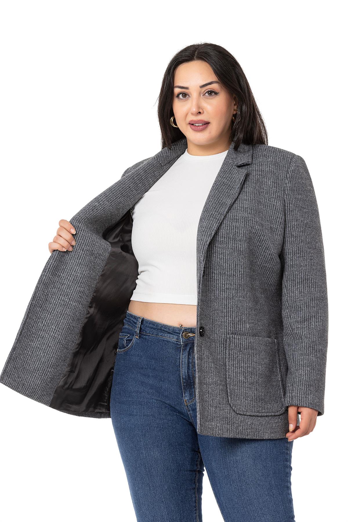 Plus Size Blazer Pocket Knitted Lined Gray Jacket