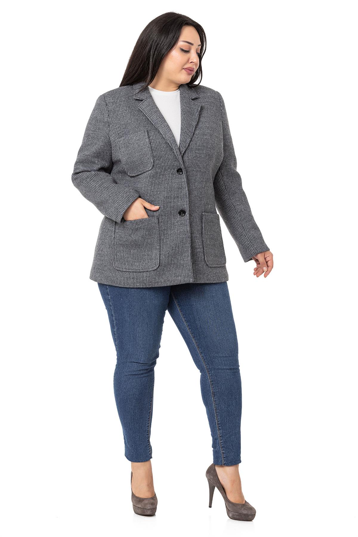 Plus Size Blazer Pocket Knitted Lined Gray Jacket