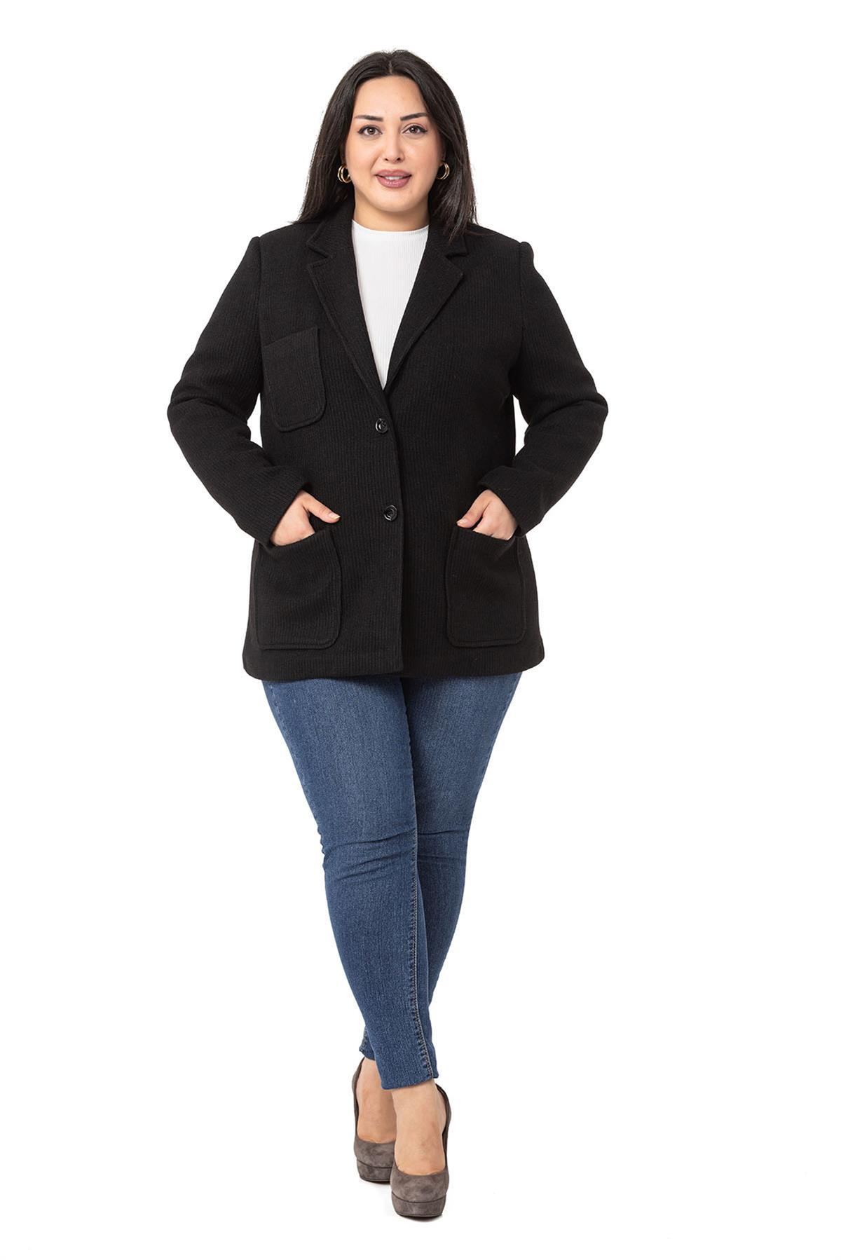 Plus Size Blazer Pocket Knitted Lined Black Jacket
