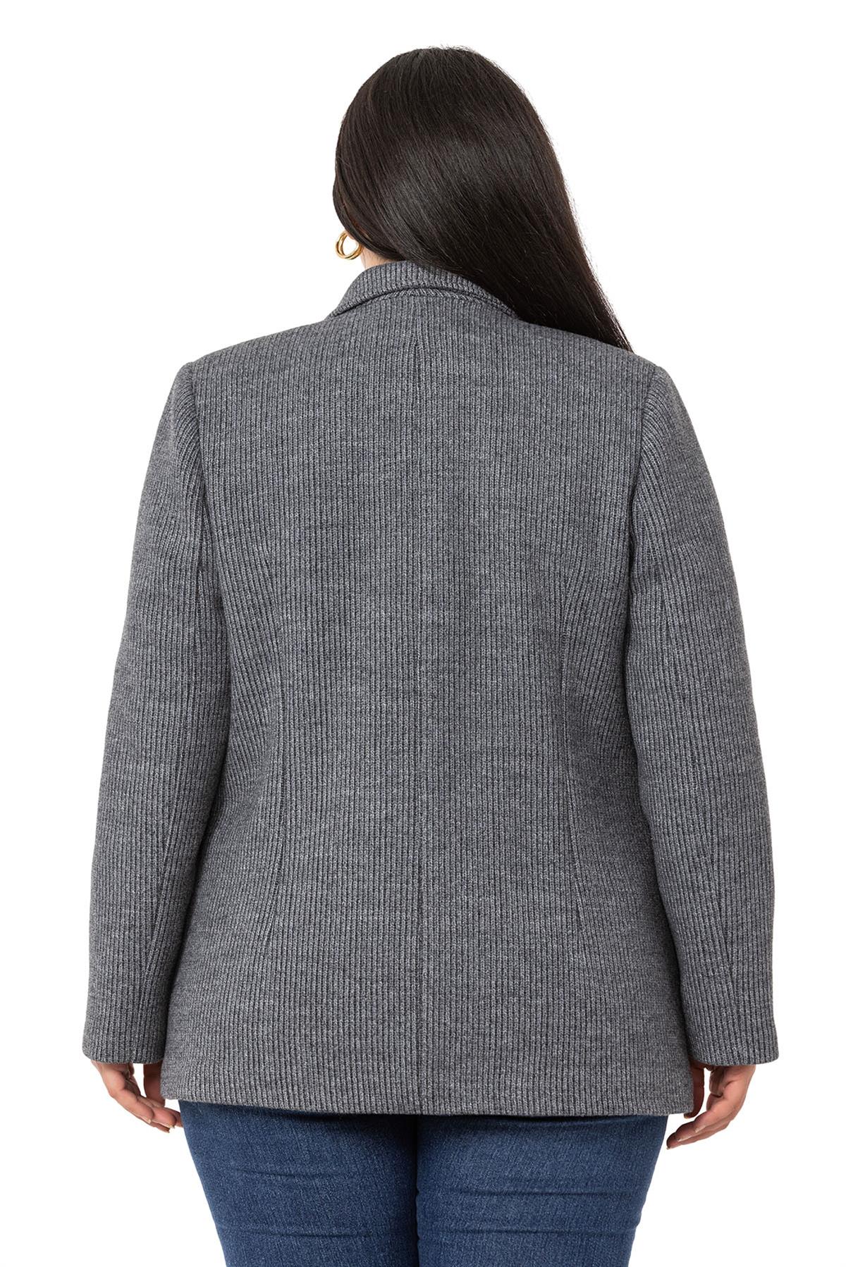 Plus Size Blazer Pocket Knitted Lined Gray Jacket