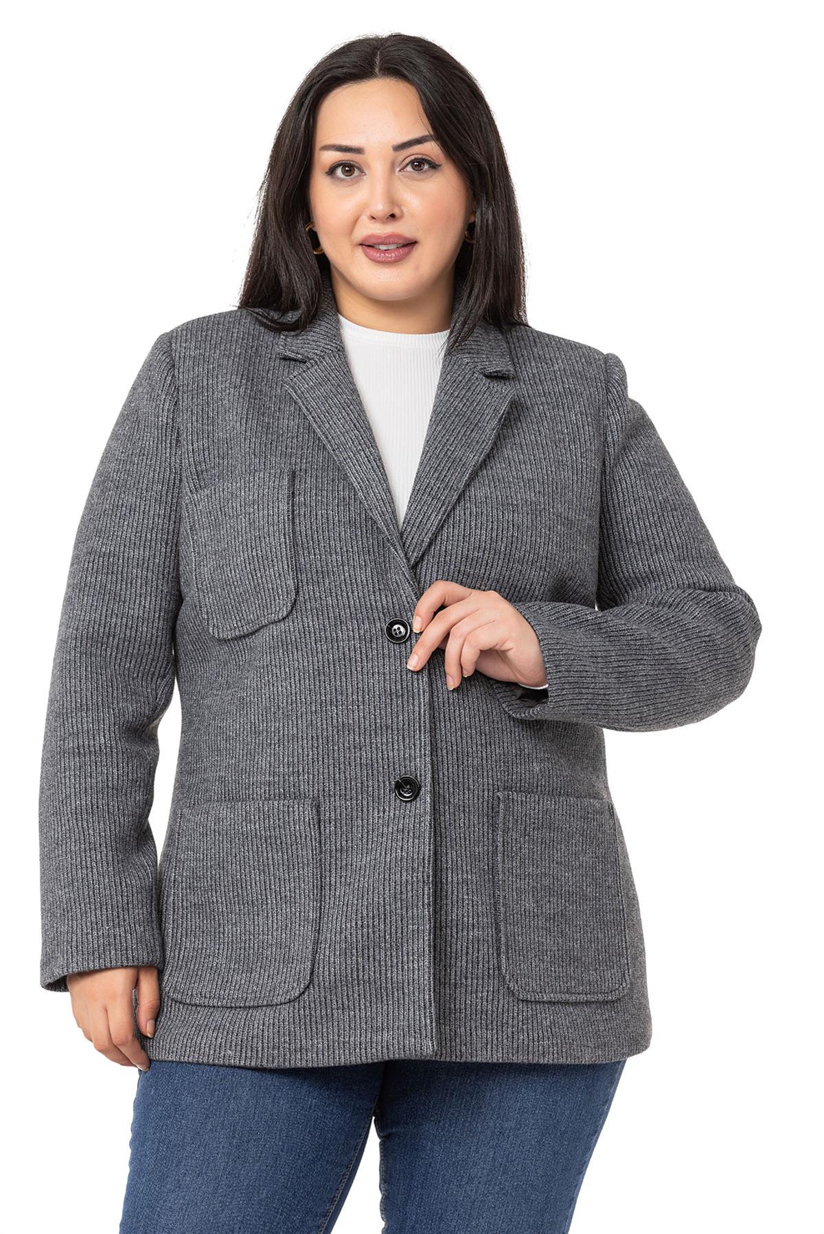Plus Size Blazer Pocket Knitted Lined Gray Jacket