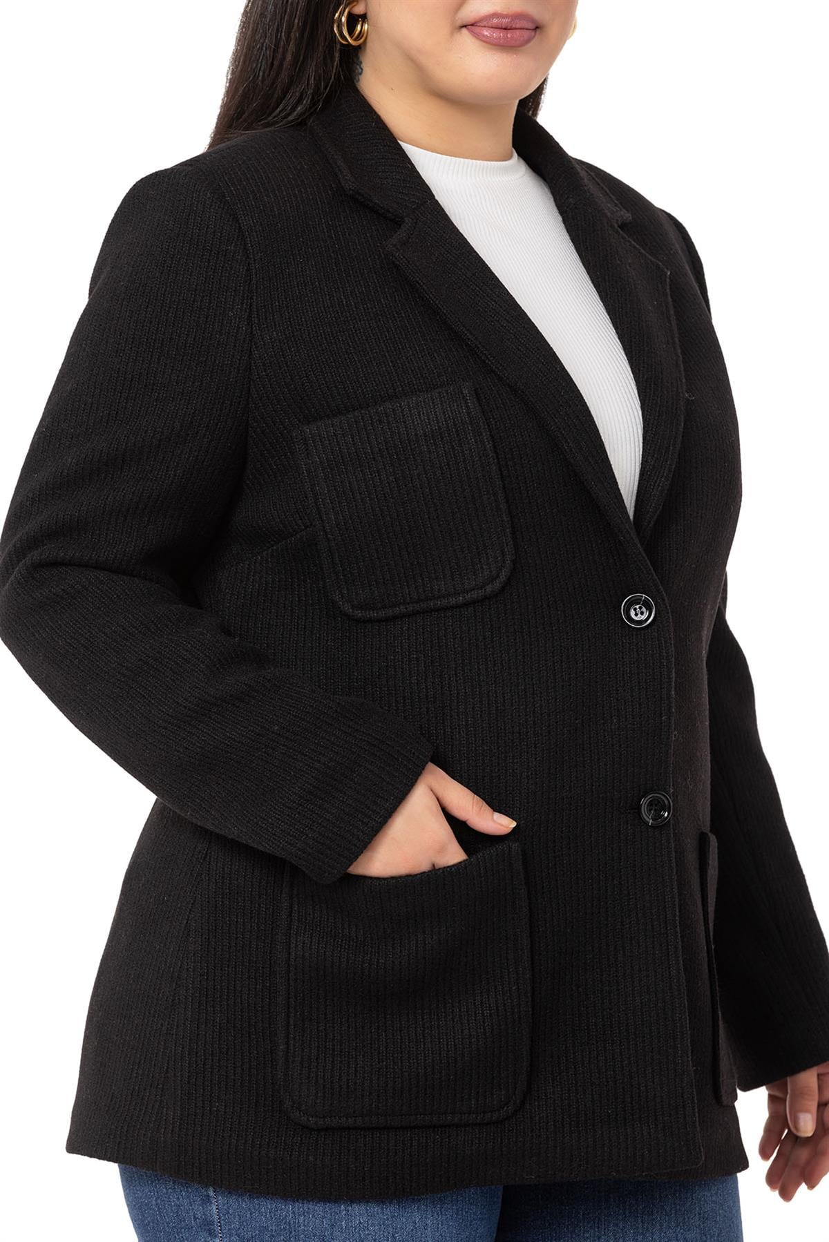 Plus Size Blazer Pocket Knitted Lined Black Jacket