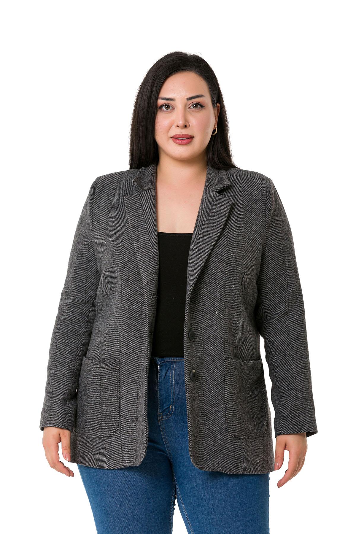 Büyük Beden Cepli Balıksırtı Blazer Astarlı Gri Ceket  