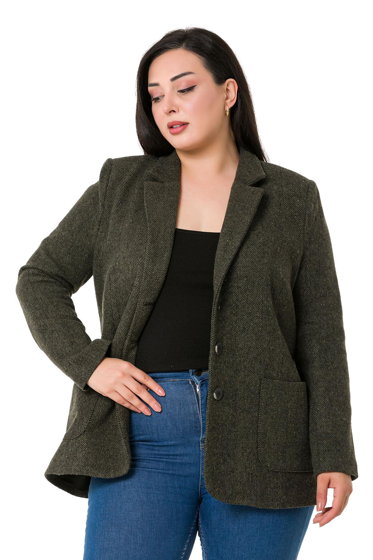 Büyük Beden Cepli Balıksırtı Blazer Astarlı Haki Ceket  
