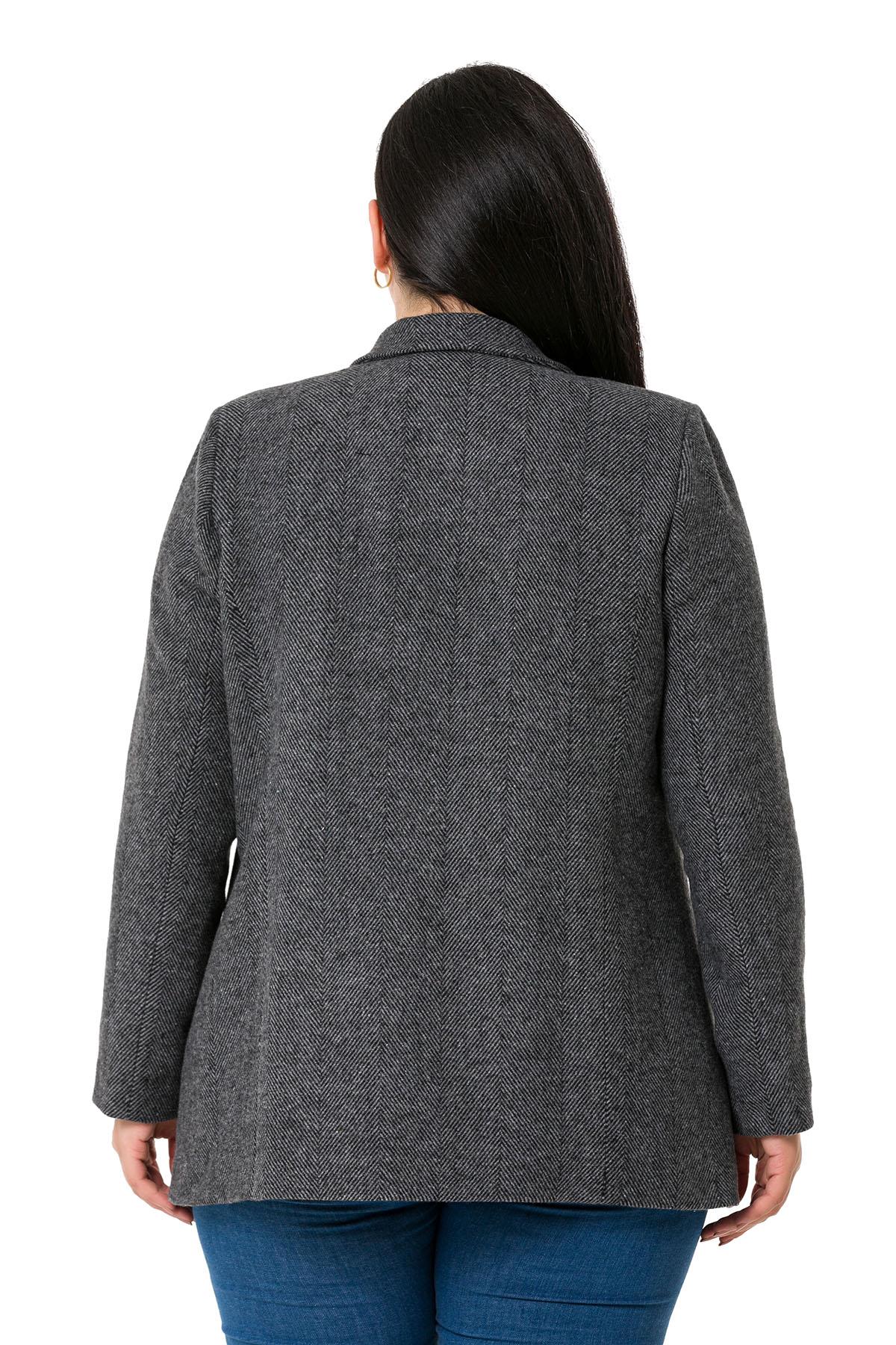 Büyük Beden Cepli Balıksırtı Blazer Astarlı Gri Ceket  
