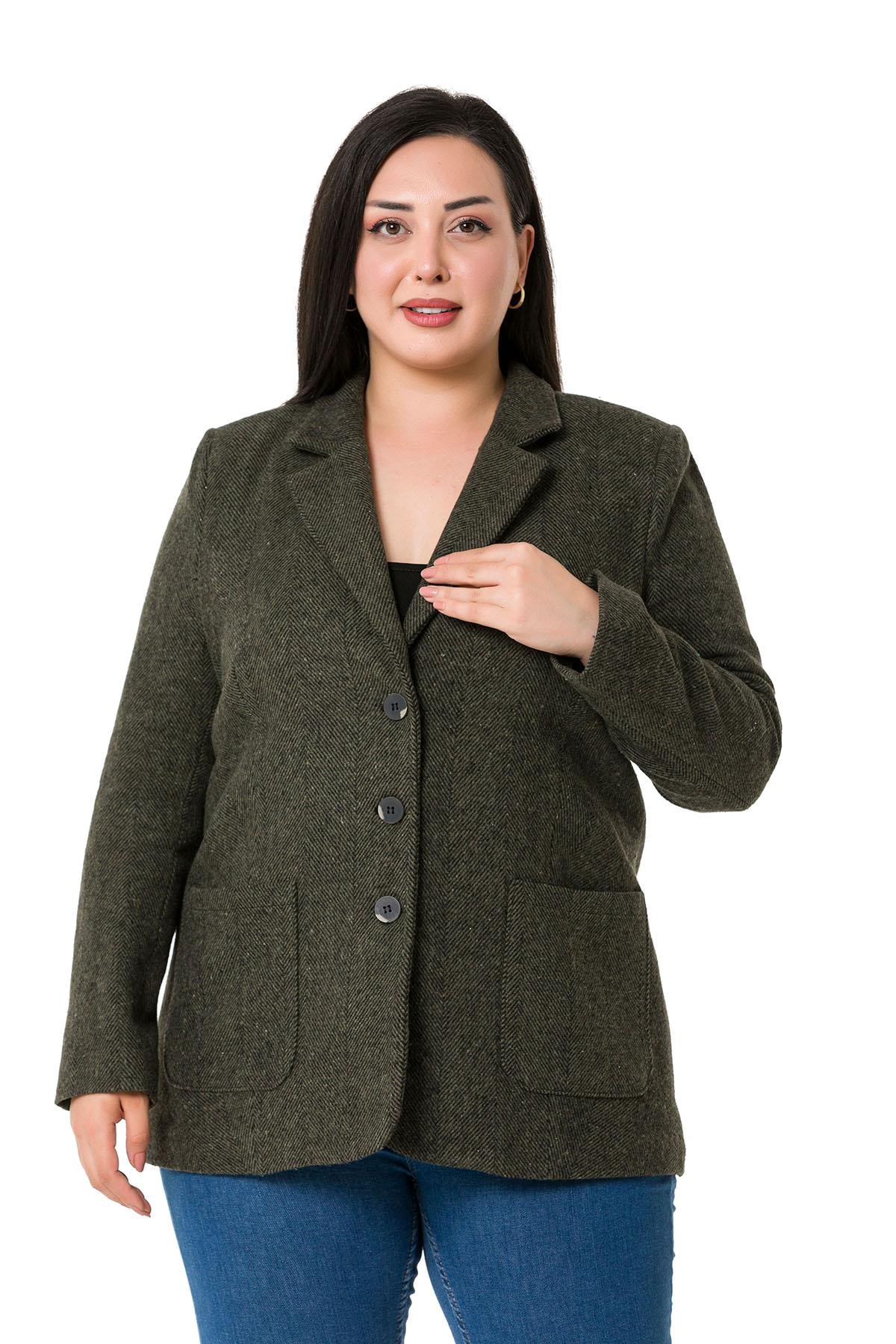 Büyük Beden Cepli Balıksırtı Blazer Astarlı Haki Ceket  
